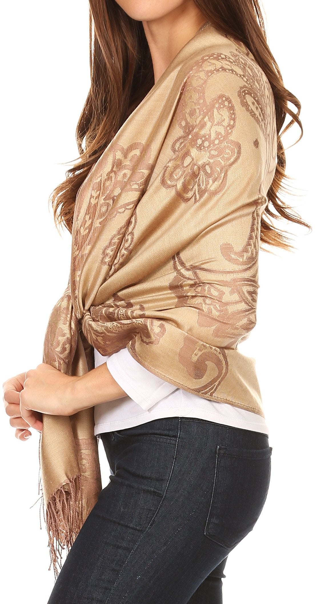 Sakkas Sarah Reversible Silky Soft Brocade Scarf Shawl Stole with Fringe - Concordia Style Boutique