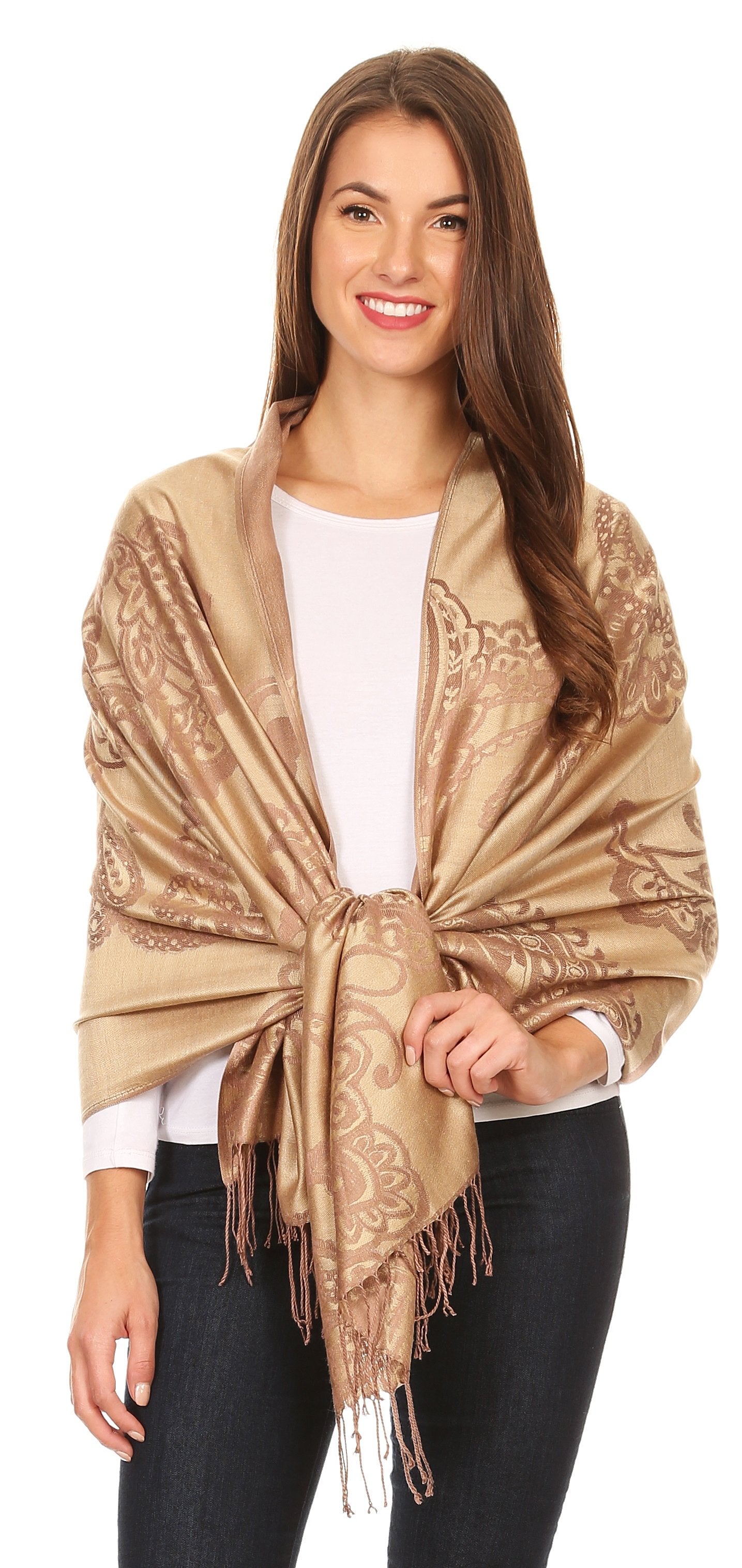 Sakkas Sarah Reversible Silky Soft Brocade Scarf Shawl Stole with Fringe - Concordia Style Boutique