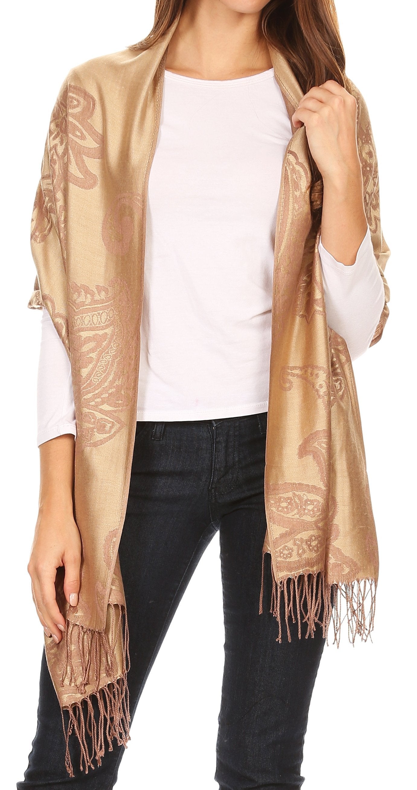Sakkas Sarah Reversible Silky Soft Brocade Scarf Shawl Stole with Fringe - Concordia Style Boutique