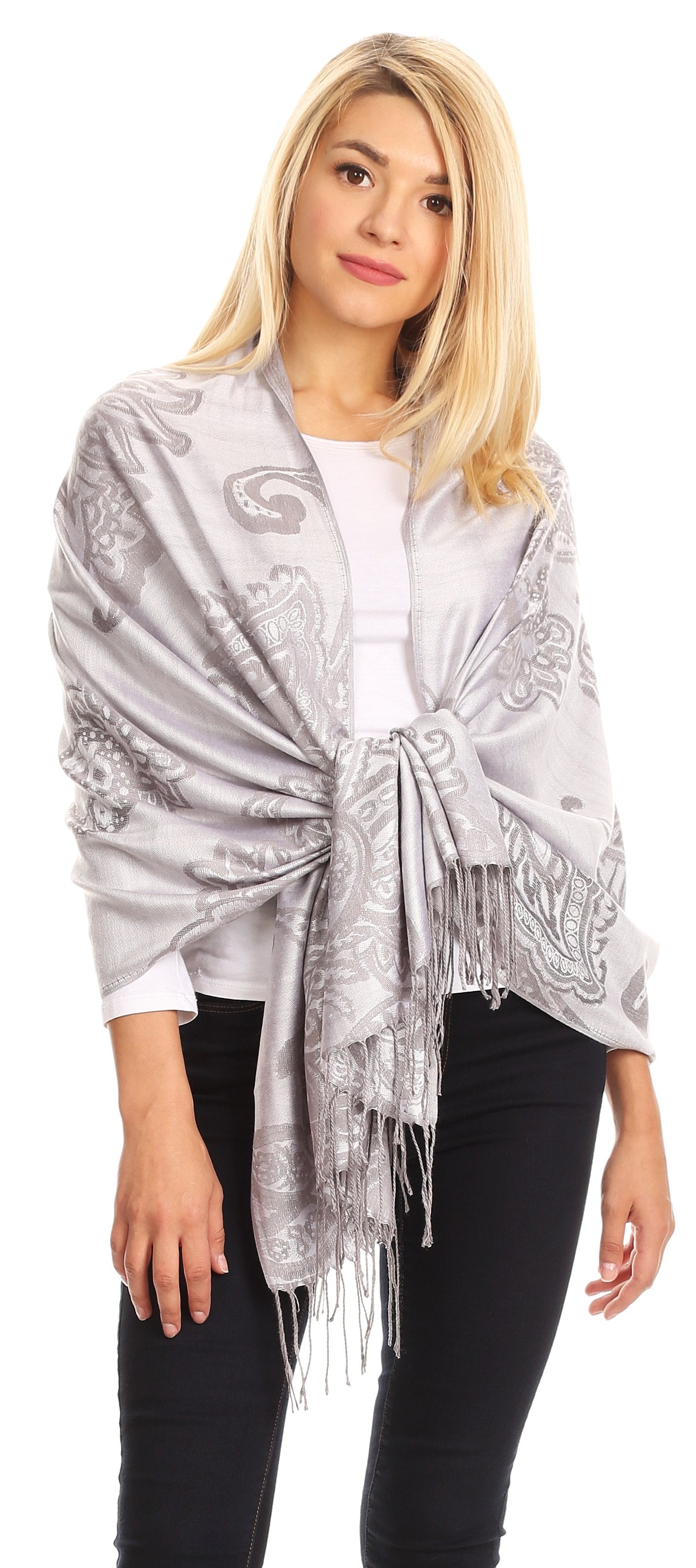 Sakkas Sarah Reversible Silky Soft Brocade Scarf Shawl Stole with Fringe - Concordia Style Boutique