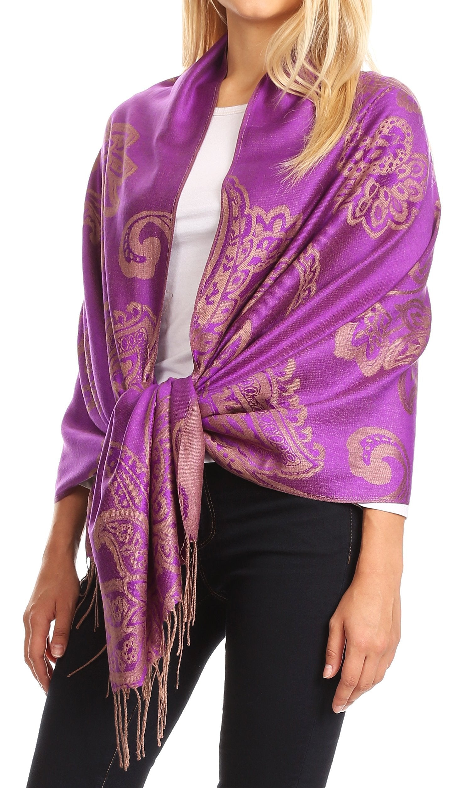 Sakkas Sarah Reversible Silky Soft Brocade Scarf Shawl Stole with Fringe - Concordia Style Boutique
