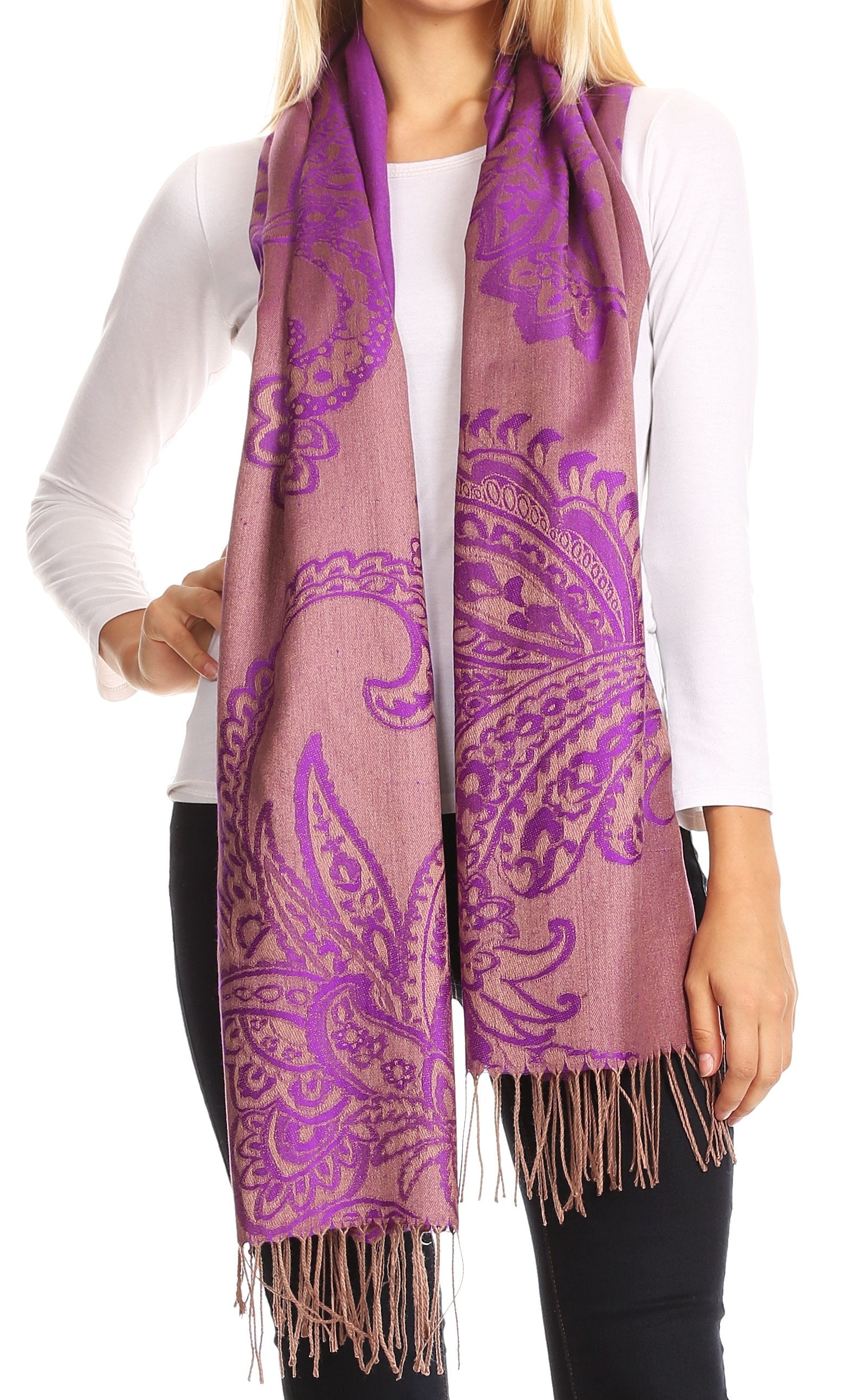 Sakkas Sarah Reversible Silky Soft Brocade Scarf Shawl Stole with Fringe - Concordia Style Boutique
