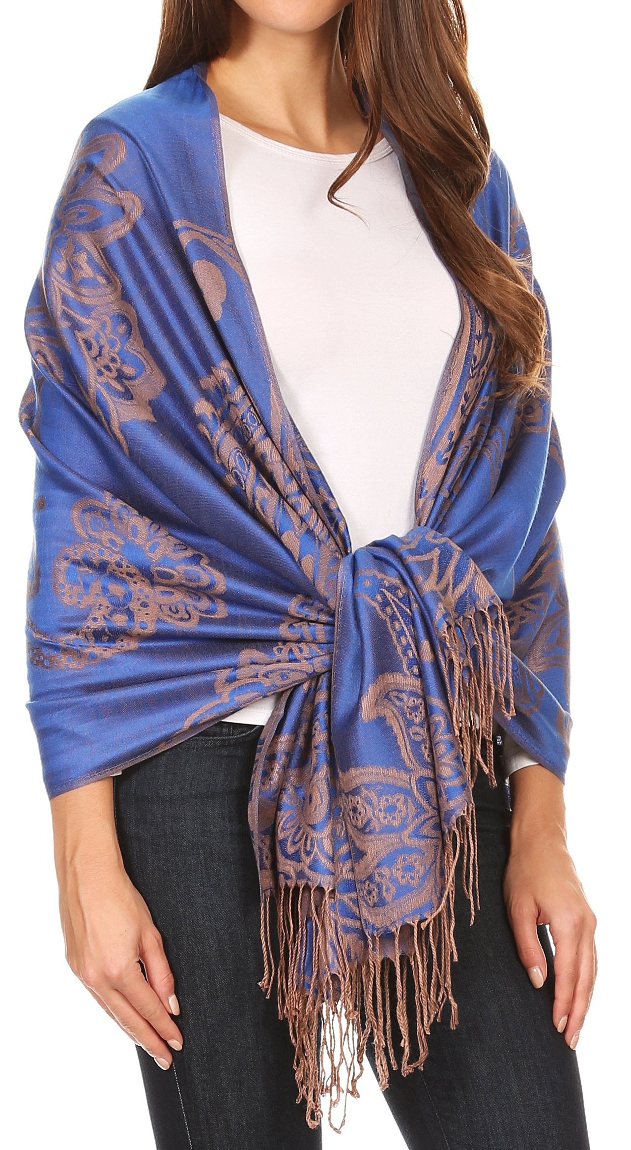 Sakkas Sarah Reversible Silky Soft Brocade Scarf Shawl Stole with Fringe - Concordia Style Boutique