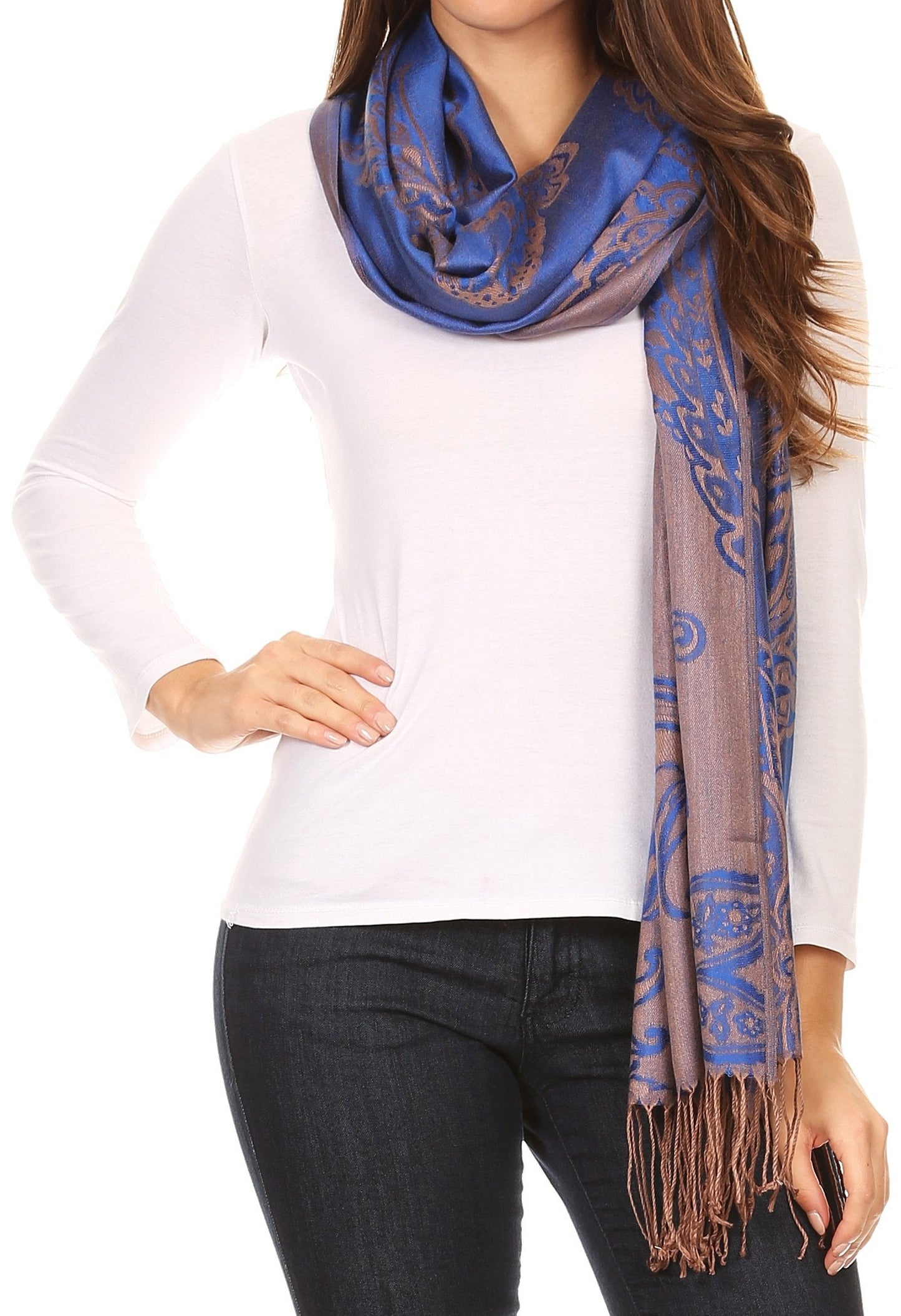 Sakkas Sarah Reversible Silky Soft Brocade Scarf Shawl Stole with Fringe - Concordia Style Boutique