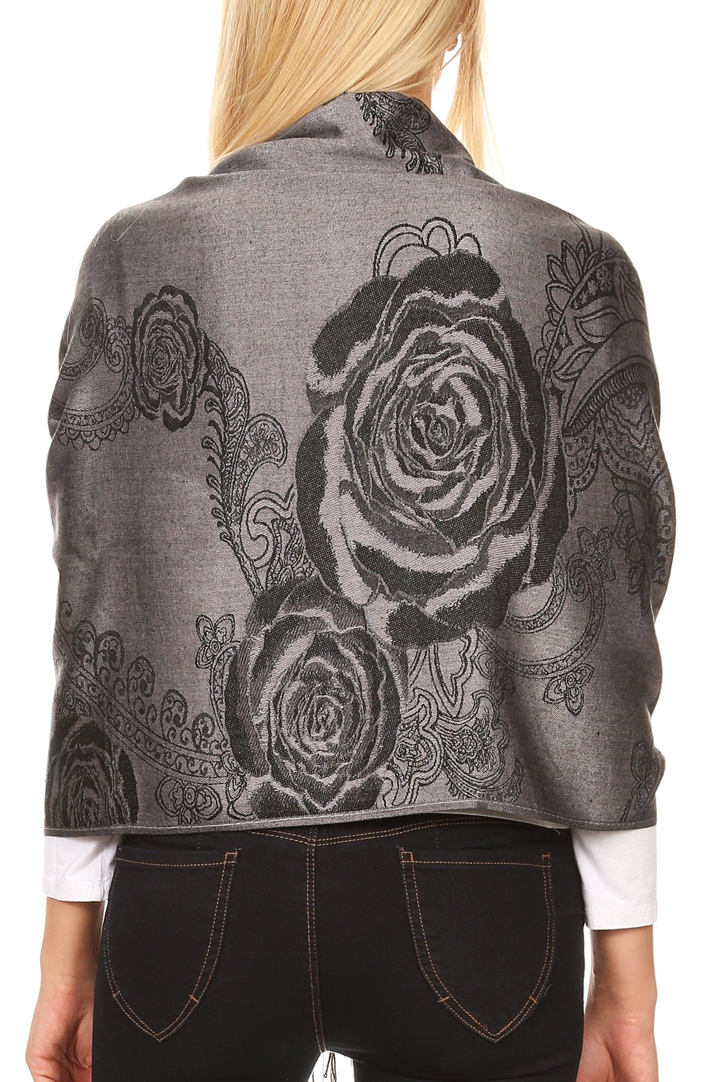 Sakkas Tessa Reversible Rose Brocade Warm Soft Scarf Wrap Stole with Fringe - Concordia Style Boutique
