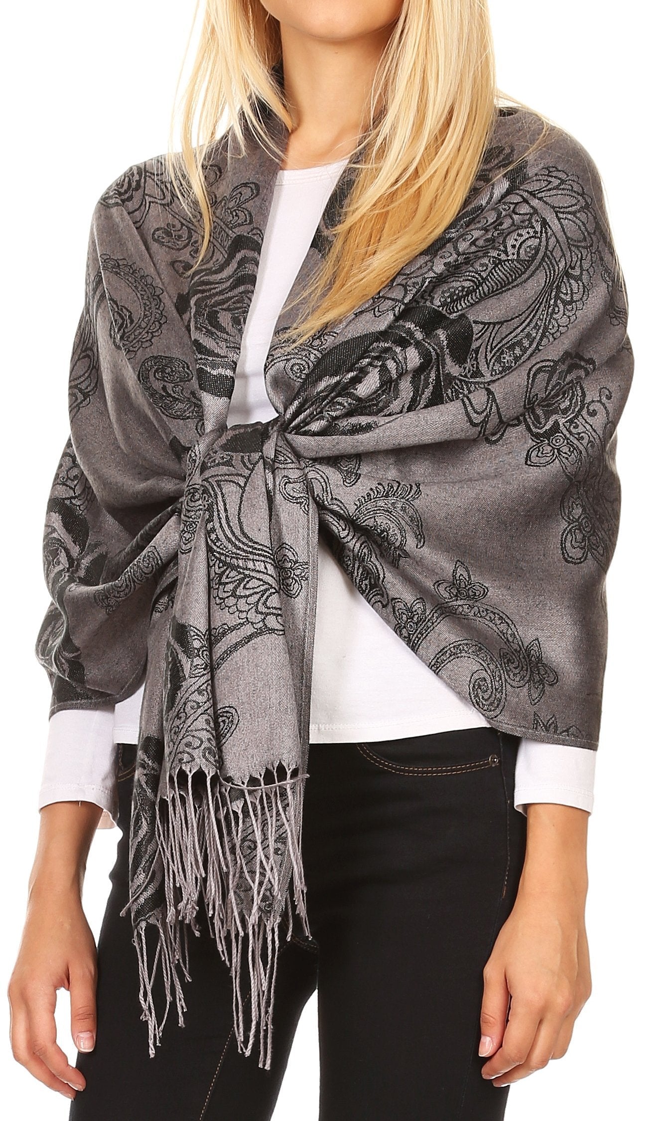 Sakkas Tessa Reversible Rose Brocade Warm Soft Scarf Wrap Stole with Fringe - Concordia Style Boutique