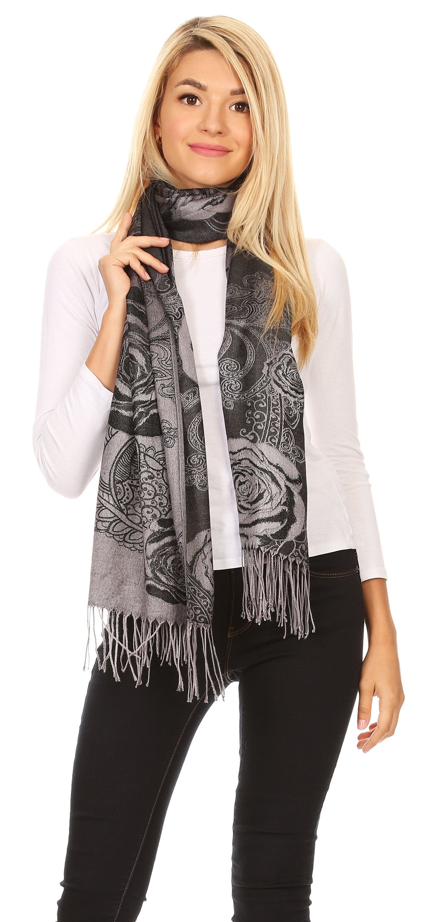 Sakkas Tessa Reversible Rose Brocade Warm Soft Scarf Wrap Stole with Fringe - Concordia Style Boutique