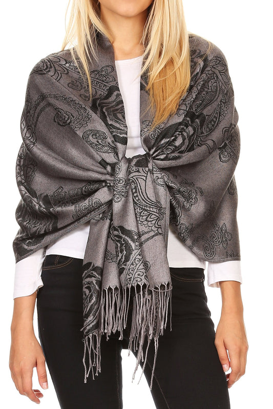 Sakkas Tessa Reversible Rose Brocade Warm Soft Scarf Wrap Stole with Fringe - Concordia Style Boutique