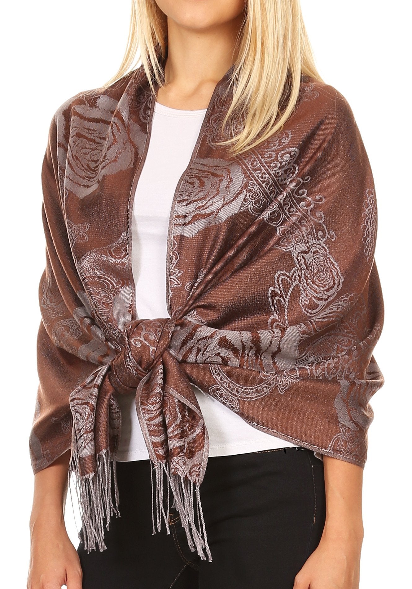 Sakkas Tessa Reversible Rose Brocade Warm Soft Scarf Wrap Stole with Fringe - Concordia Style Boutique