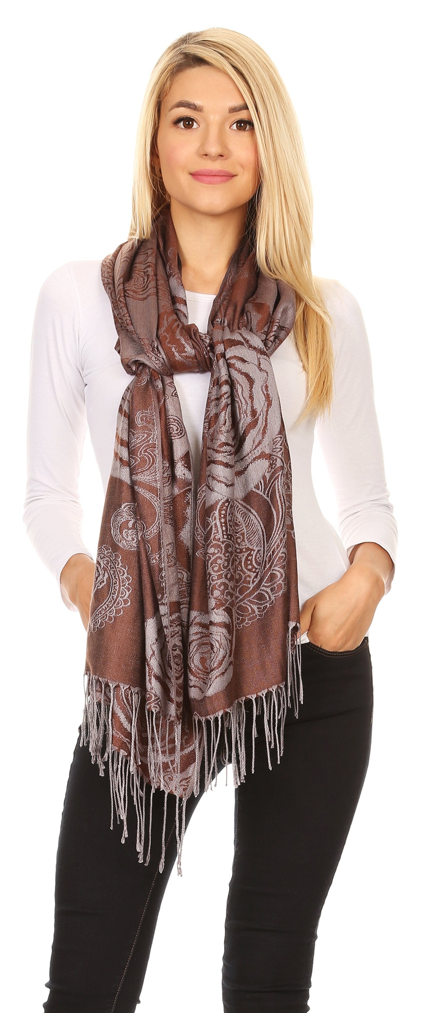 Sakkas Tessa Reversible Rose Brocade Warm Soft Scarf Wrap Stole with Fringe - Concordia Style Boutique