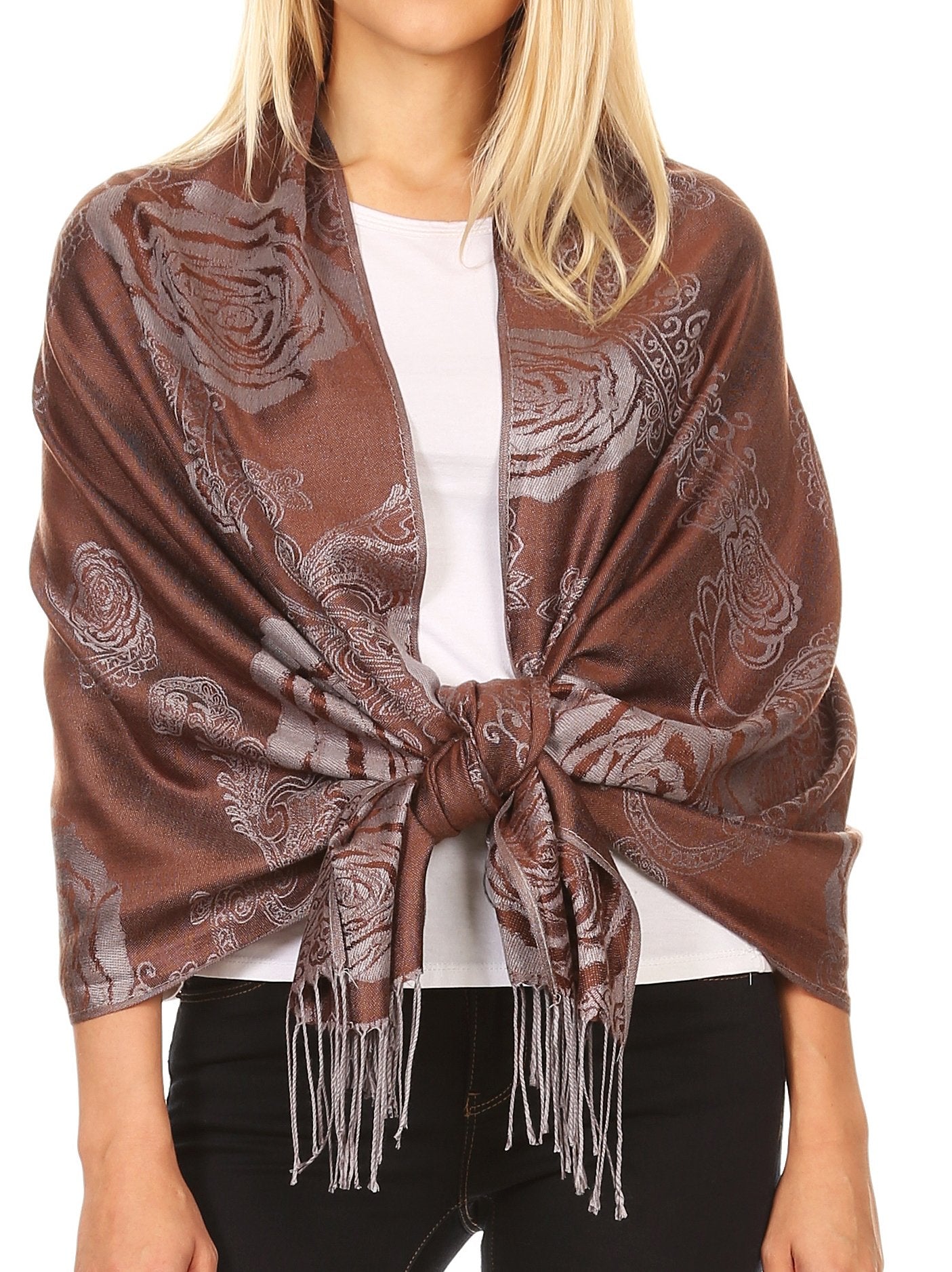 Sakkas Tessa Reversible Rose Brocade Warm Soft Scarf Wrap Stole with Fringe - Concordia Style Boutique