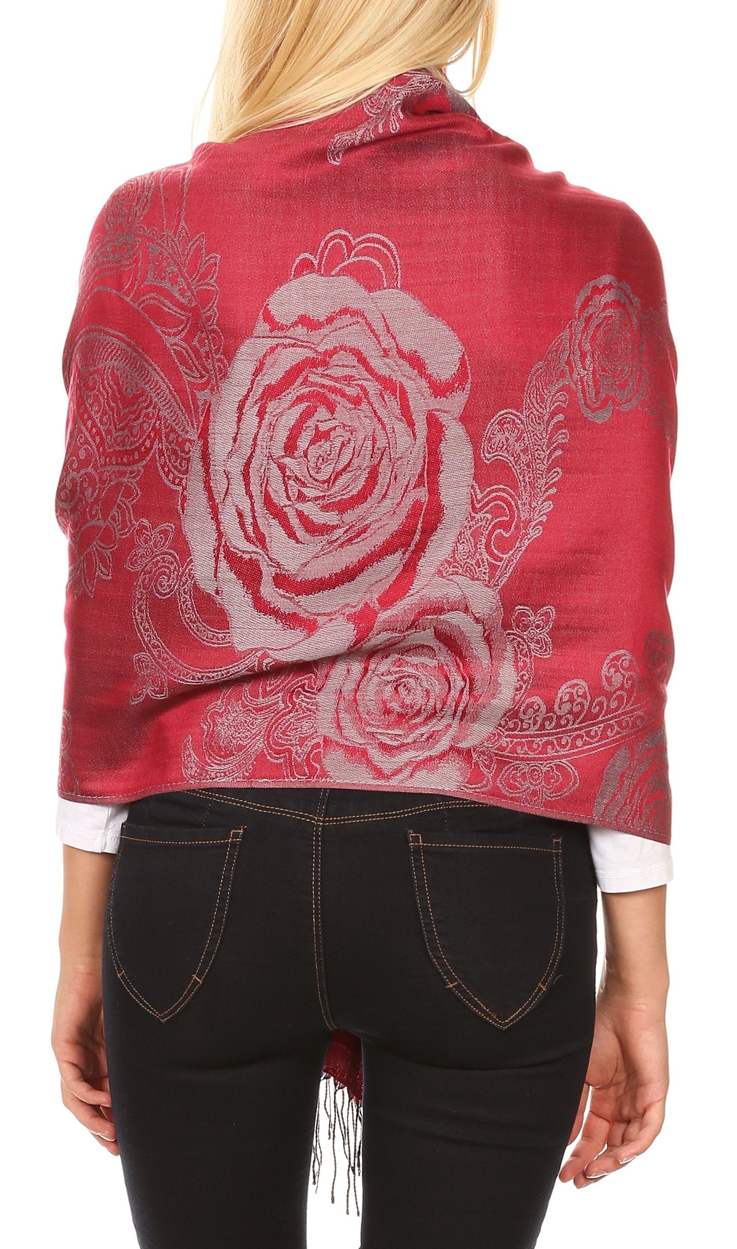 Sakkas Tessa Reversible Rose Brocade Warm Soft Scarf Wrap Stole with Fringe - Concordia Style Boutique