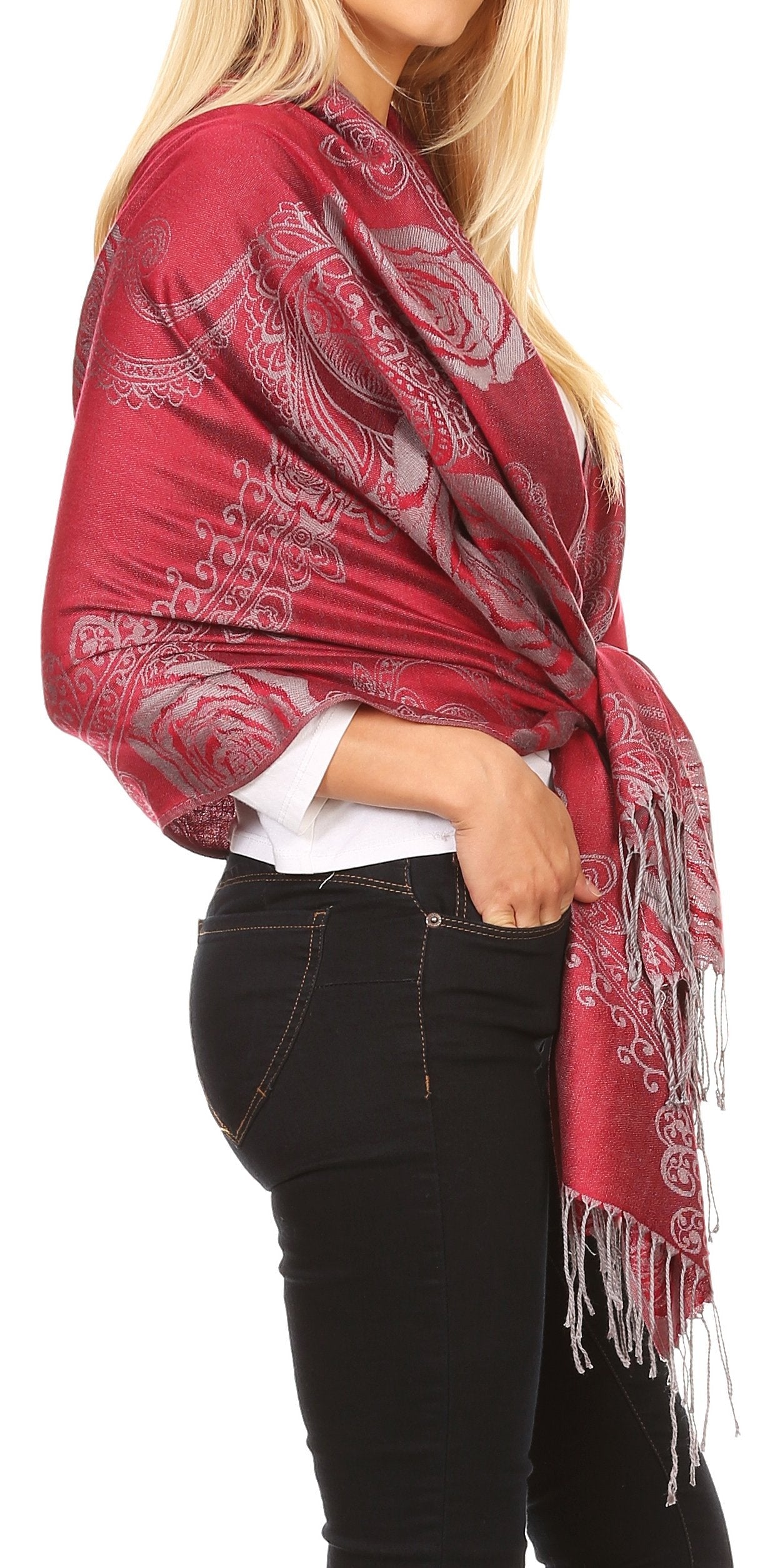 Sakkas Tessa Reversible Rose Brocade Warm Soft Scarf Wrap Stole with Fringe - Concordia Style Boutique
