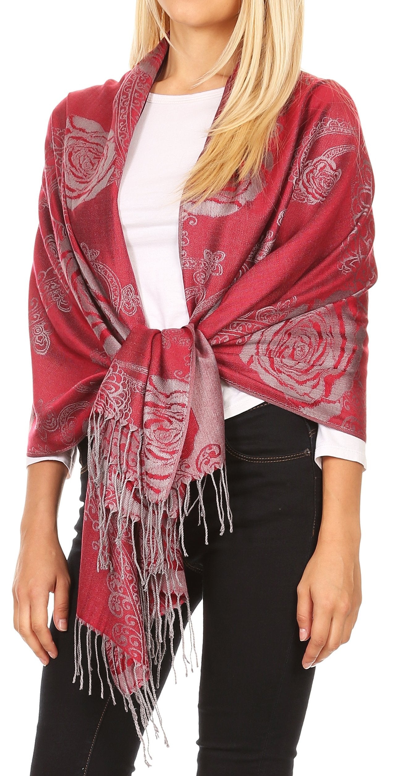 Sakkas Tessa Reversible Rose Brocade Warm Soft Scarf Wrap Stole with Fringe - Concordia Style Boutique
