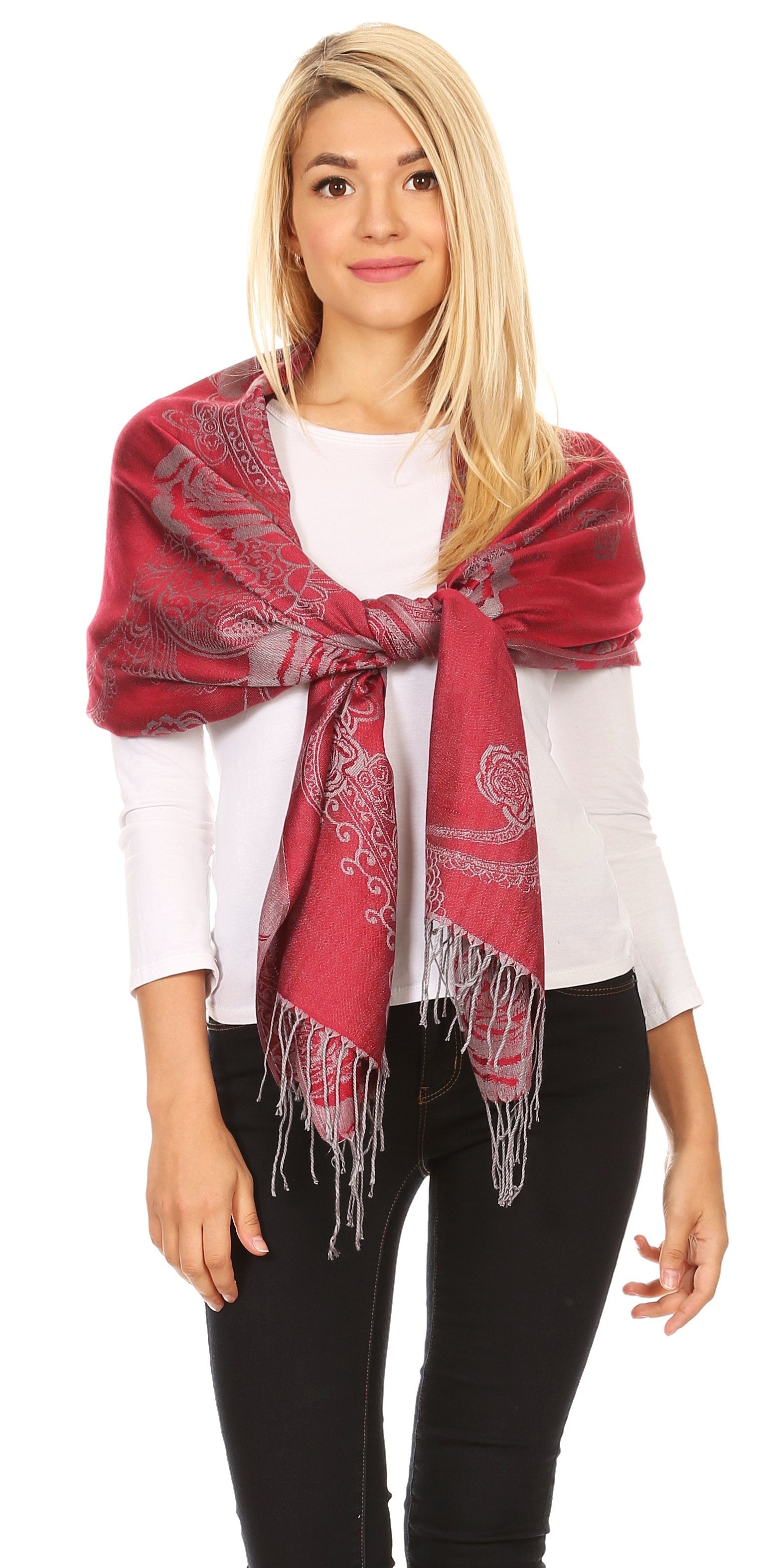 Sakkas Tessa Reversible Rose Brocade Warm Soft Scarf Wrap Stole with Fringe - Concordia Style Boutique