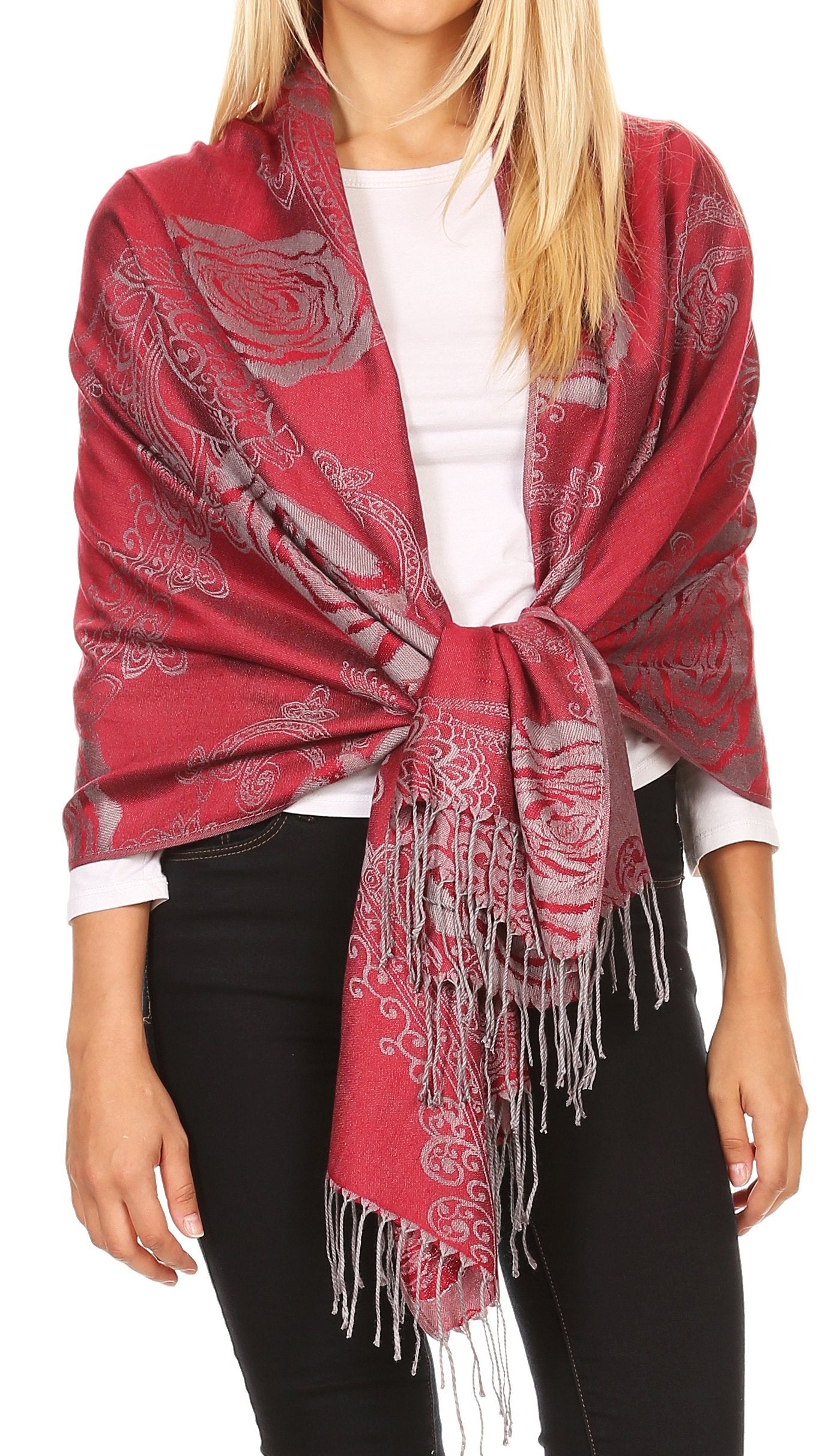 Sakkas Tessa Reversible Rose Brocade Warm Soft Scarf Wrap Stole with Fringe - Concordia Style Boutique