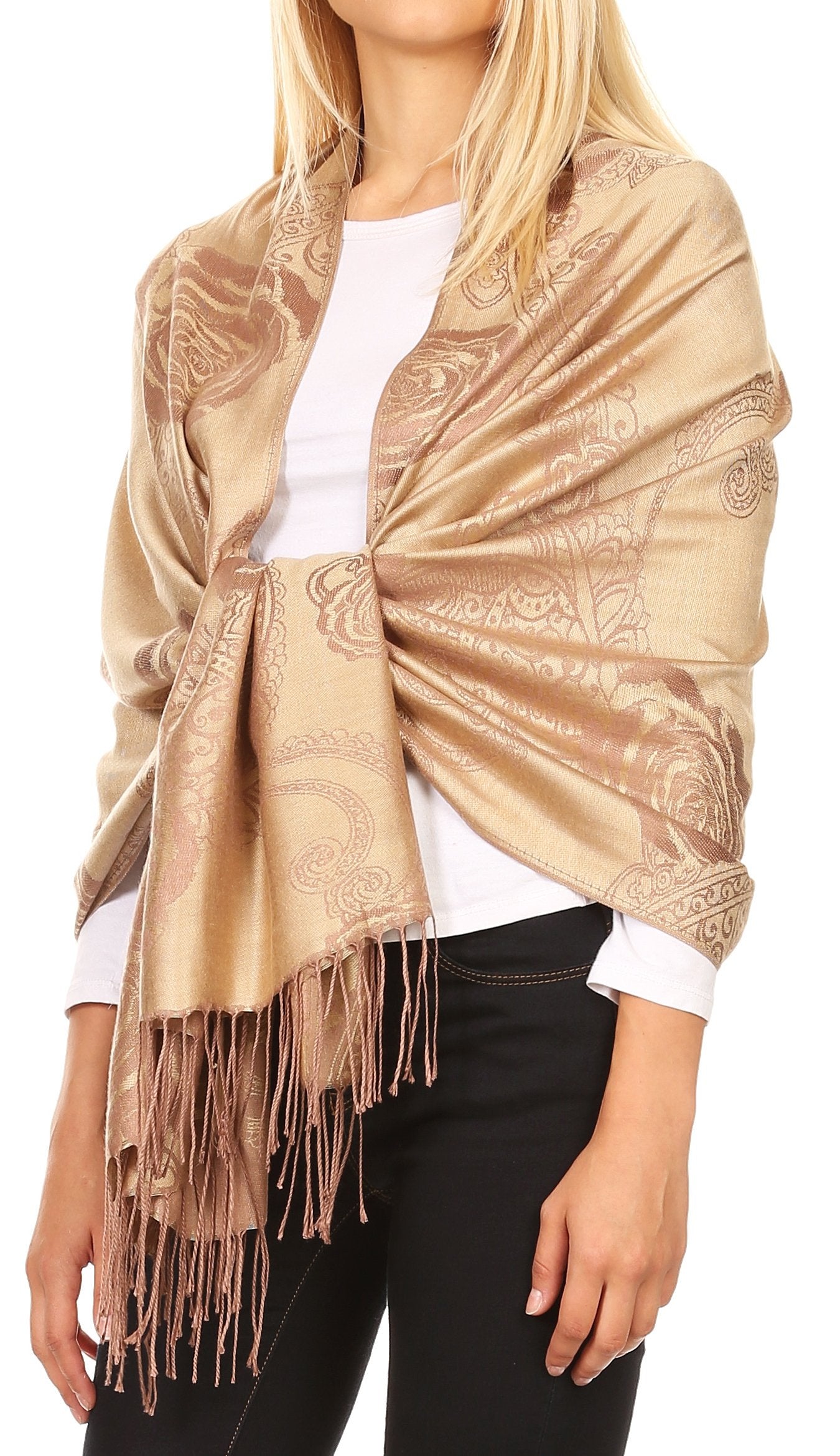Sakkas Tessa Reversible Rose Brocade Warm Soft Scarf Wrap Stole with Fringe - Concordia Style Boutique
