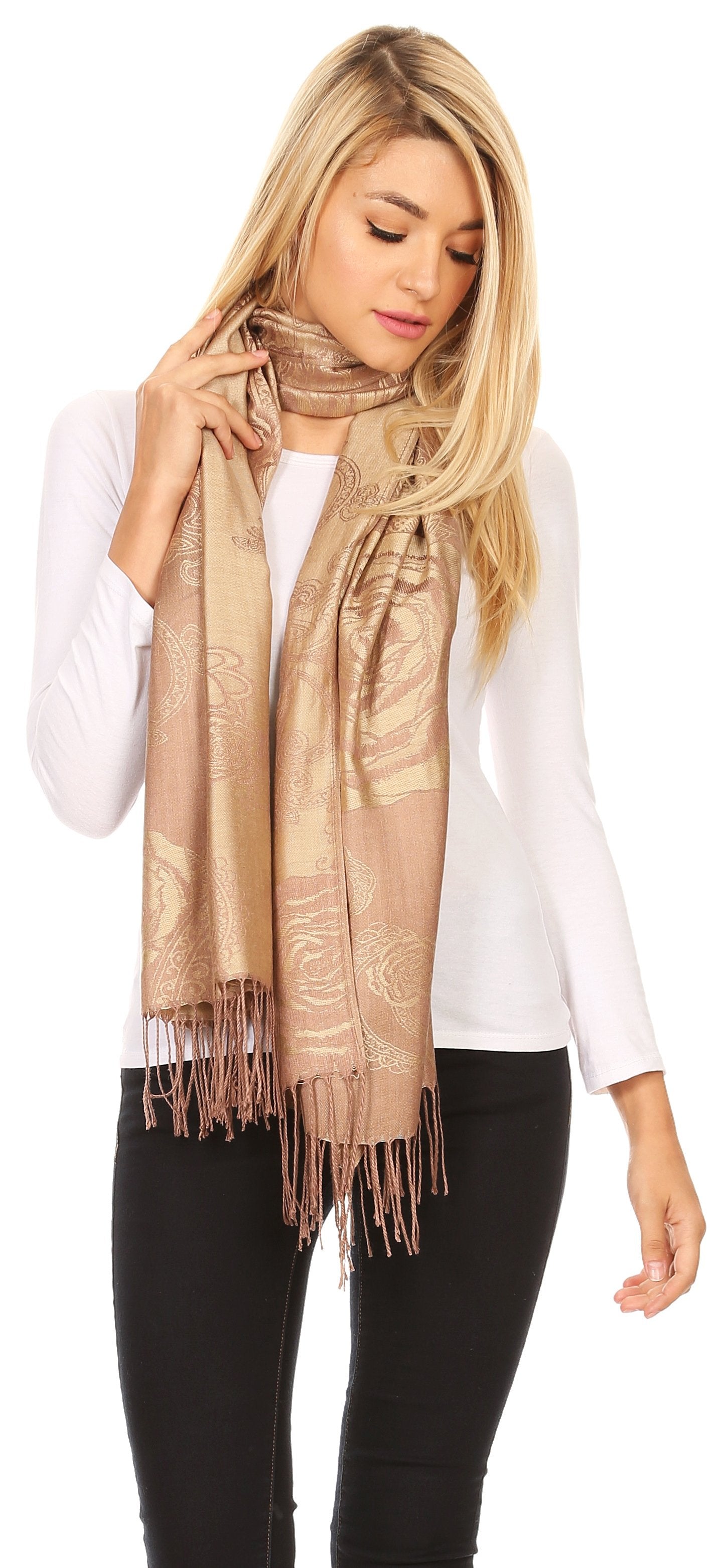 Sakkas Tessa Reversible Rose Brocade Warm Soft Scarf Wrap Stole with Fringe - Concordia Style Boutique