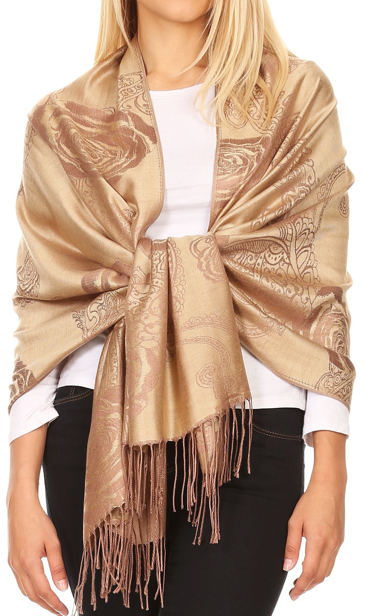 Sakkas Tessa Reversible Rose Brocade Warm Soft Scarf Wrap Stole with Fringe - Concordia Style Boutique