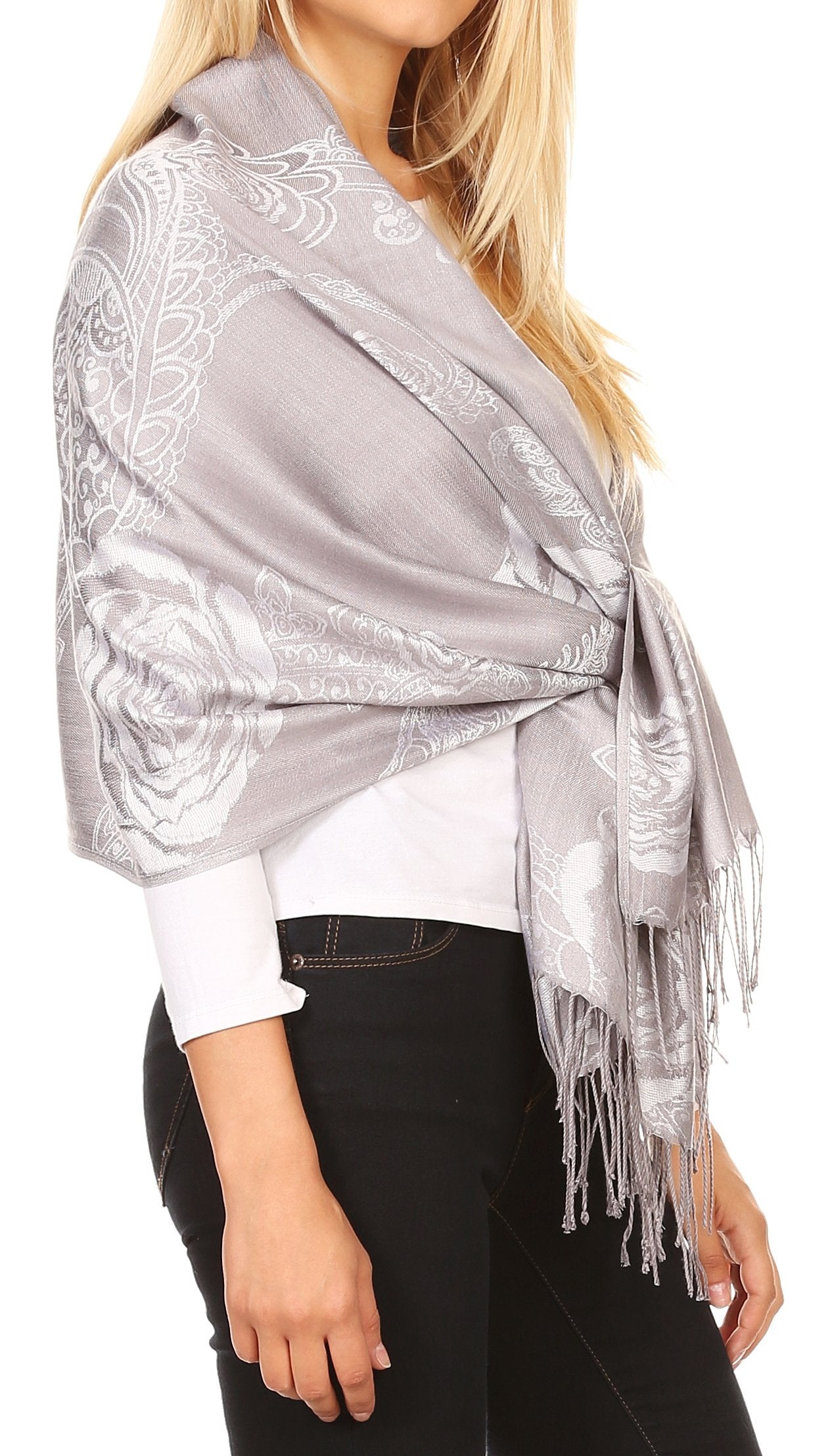 Sakkas Tessa Reversible Rose Brocade Warm Soft Scarf Wrap Stole with Fringe - Concordia Style Boutique
