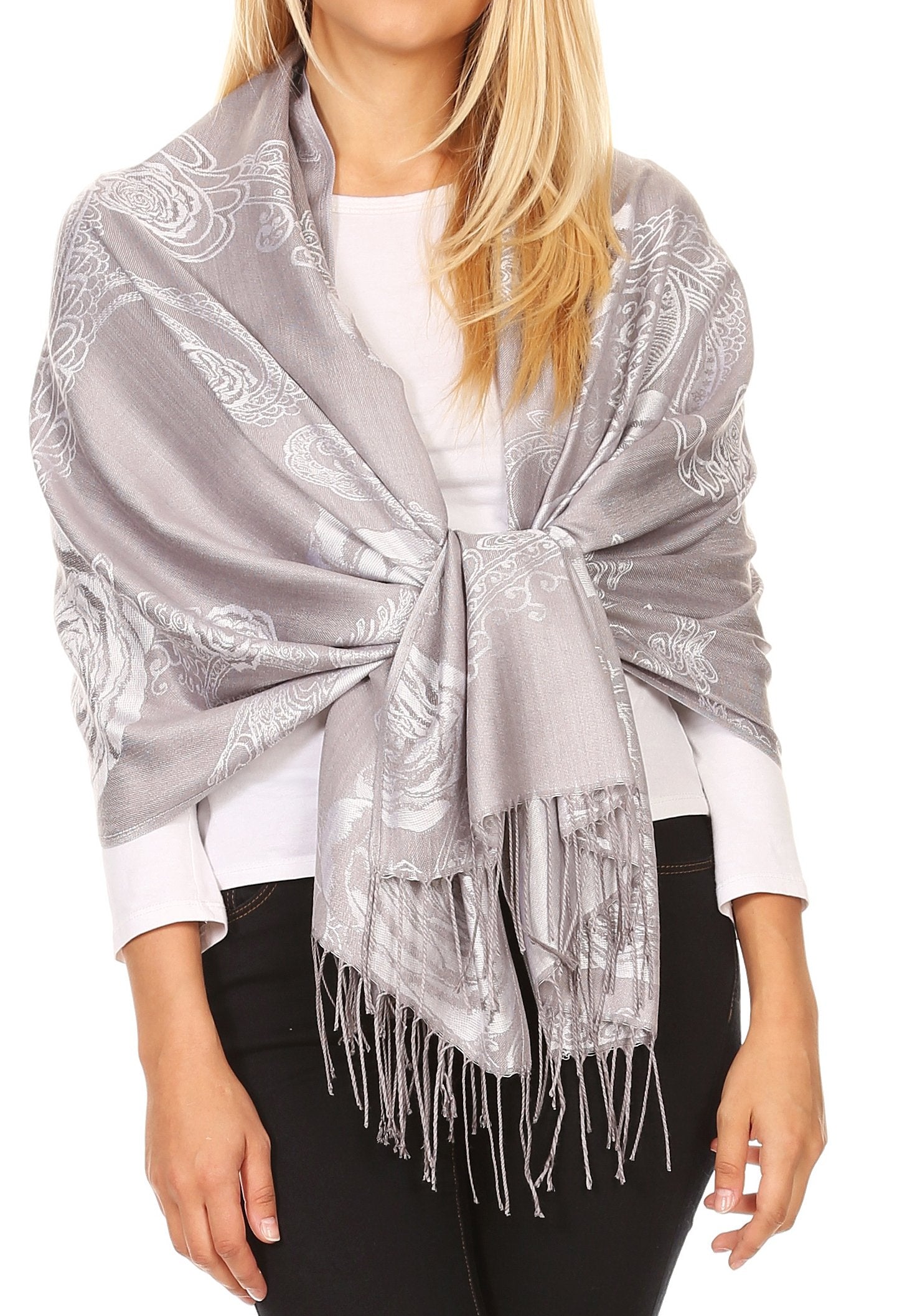 Sakkas Tessa Reversible Rose Brocade Warm Soft Scarf Wrap Stole with Fringe - Concordia Style Boutique