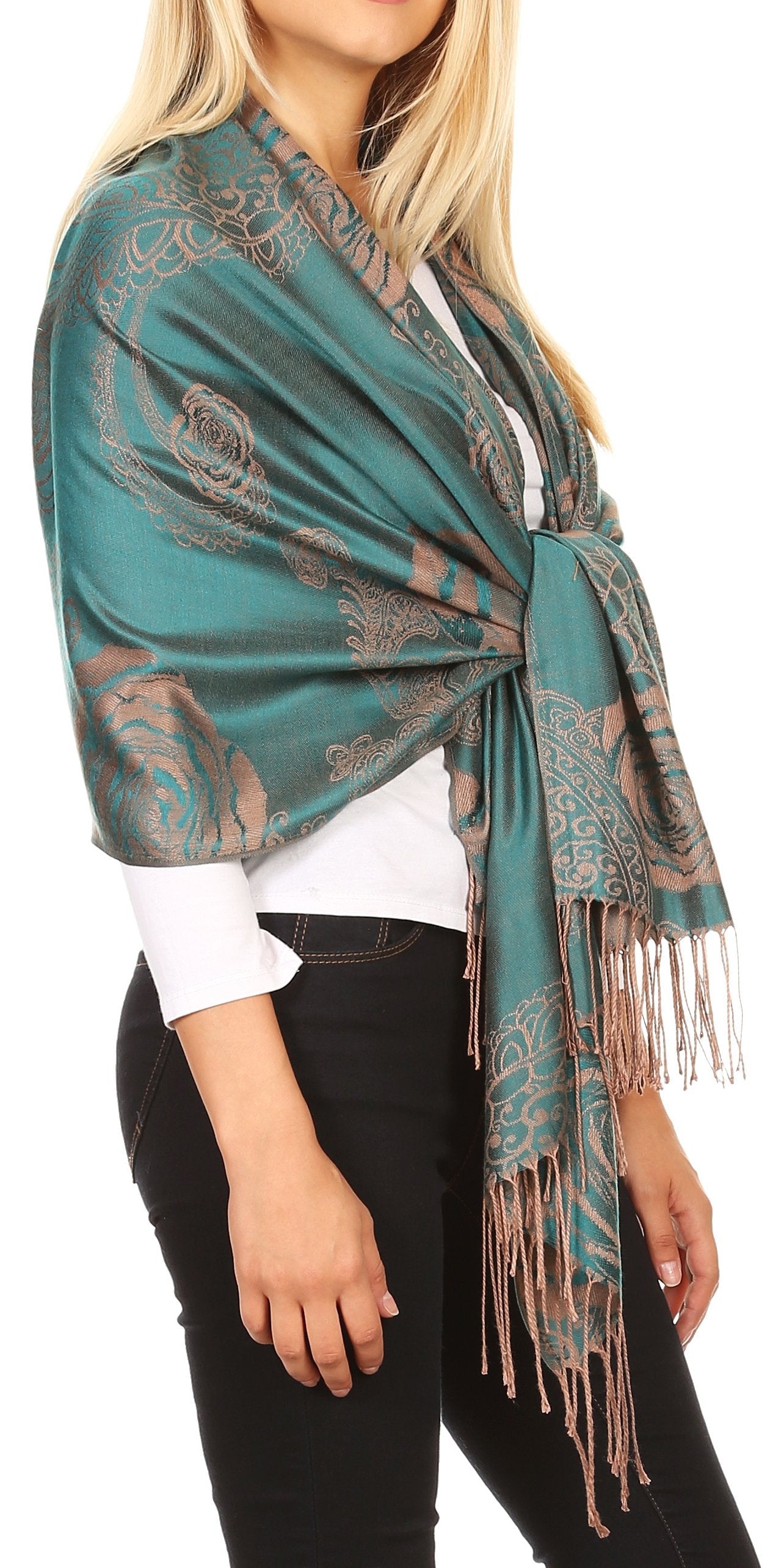 Sakkas Tessa Reversible Rose Brocade Warm Soft Scarf Wrap Stole with Fringe - Concordia Style Boutique