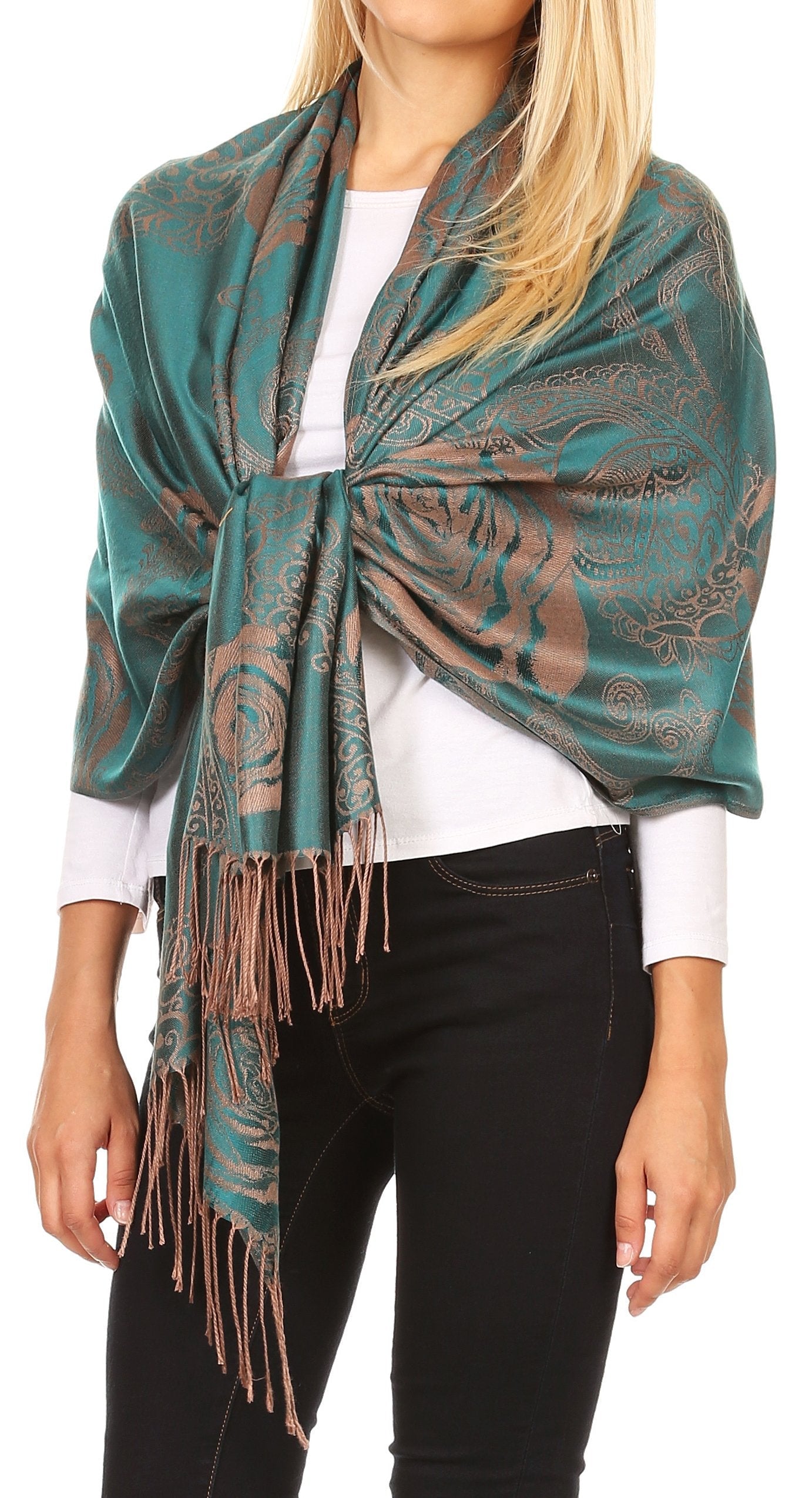 Sakkas Tessa Reversible Rose Brocade Warm Soft Scarf Wrap Stole with Fringe - Concordia Style Boutique