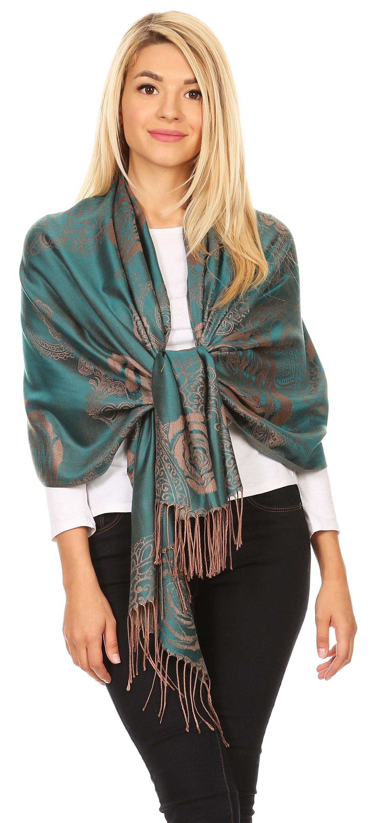 Sakkas Tessa Reversible Rose Brocade Warm Soft Scarf Wrap Stole with Fringe - Concordia Style Boutique