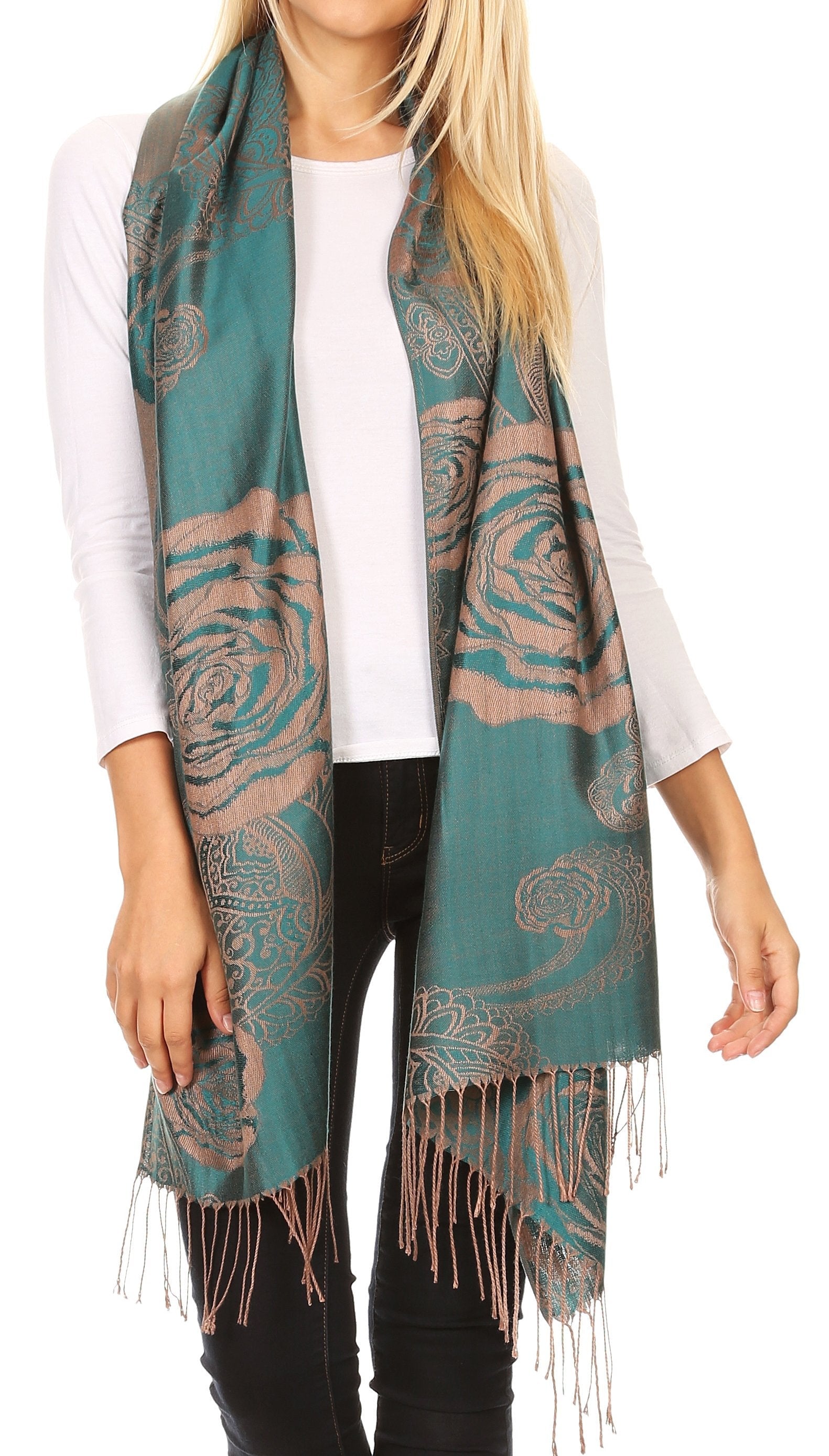 Sakkas Tessa Reversible Rose Brocade Warm Soft Scarf Wrap Stole with Fringe - Concordia Style Boutique