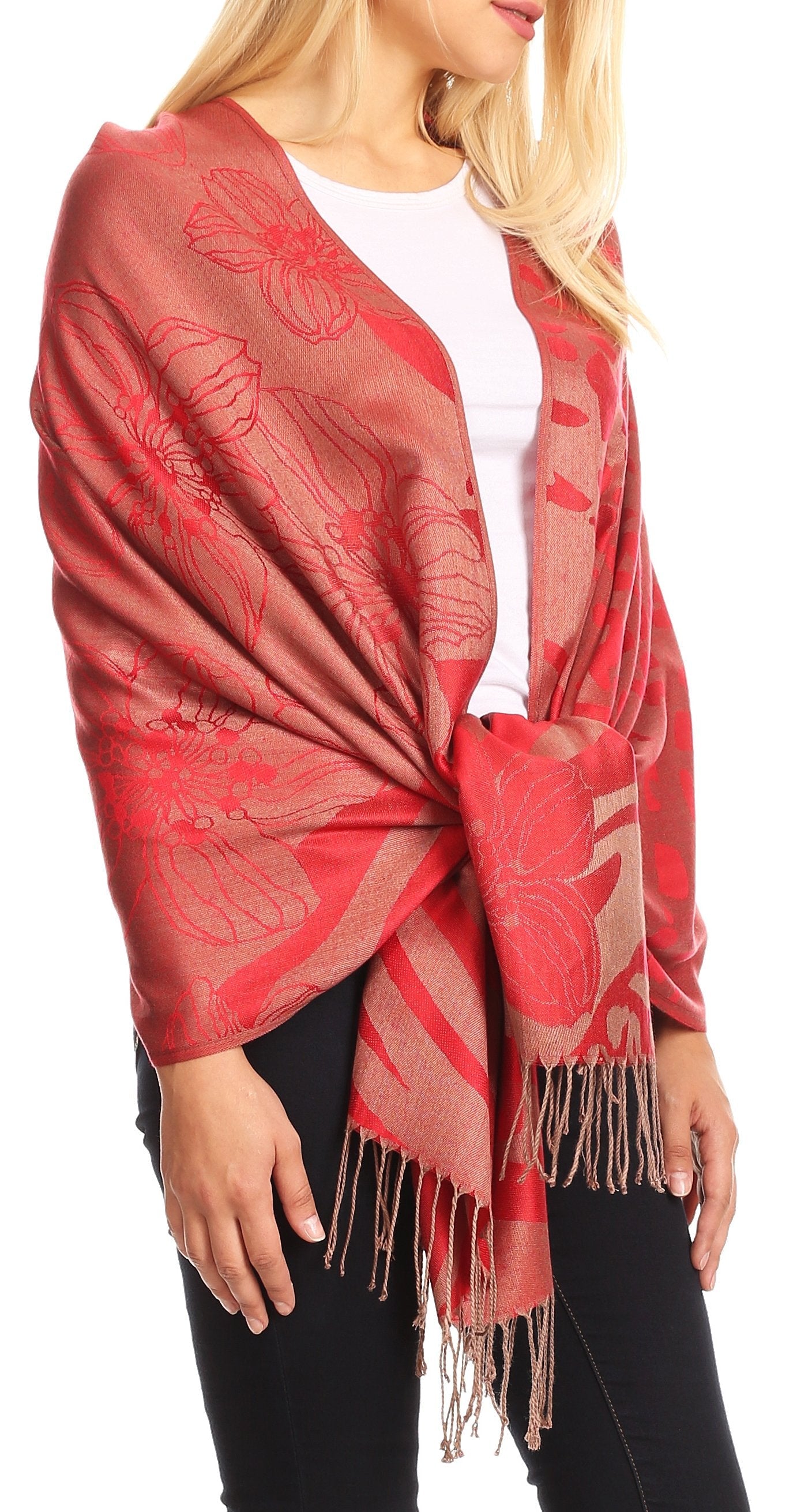 Sakkas Salome Reversible Silky soft Wrap Shawl Scarf with Lovely Floral Brocade - Concordia Style Boutique