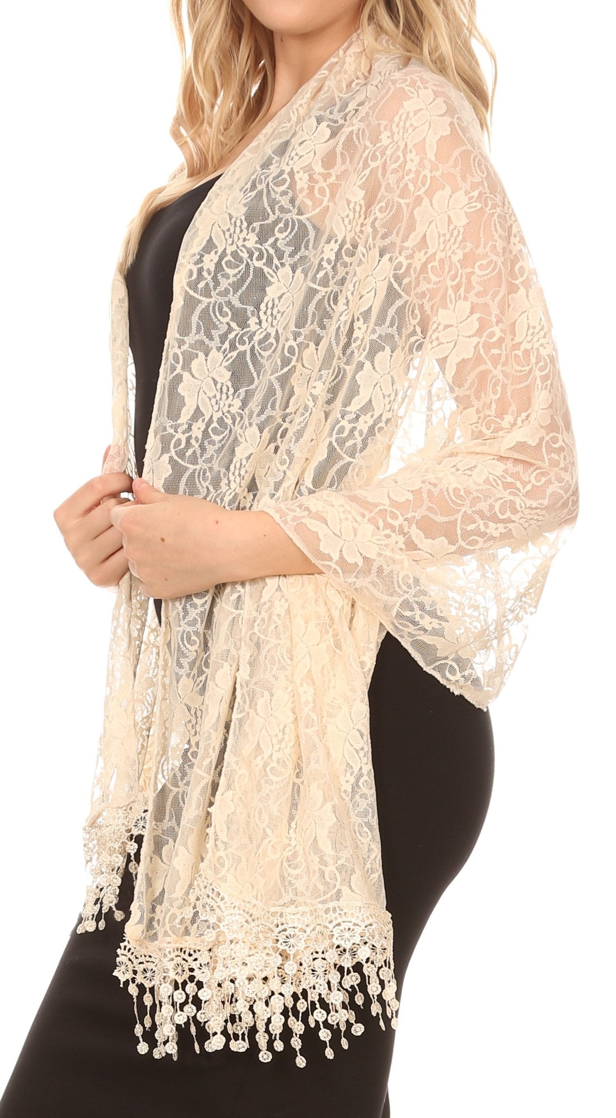 Sakkas Mari Women's Large Lightweight Soft Lace Scarf Wrap Shawl Floral and Fringe - Concordia Style Boutique