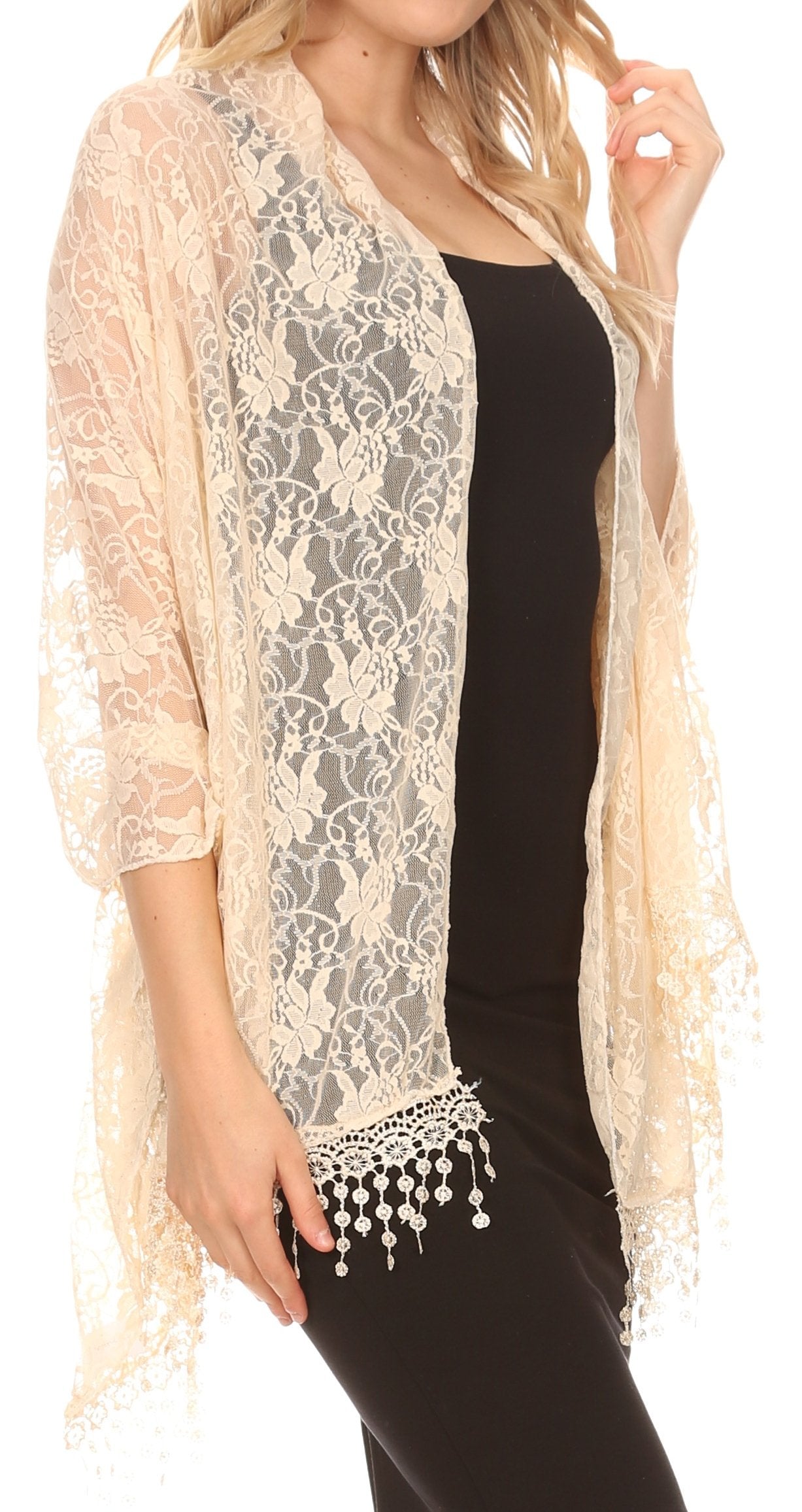 Sakkas Mari Women's Large Lightweight Soft Lace Scarf Wrap Shawl Floral and Fringe - Concordia Style Boutique