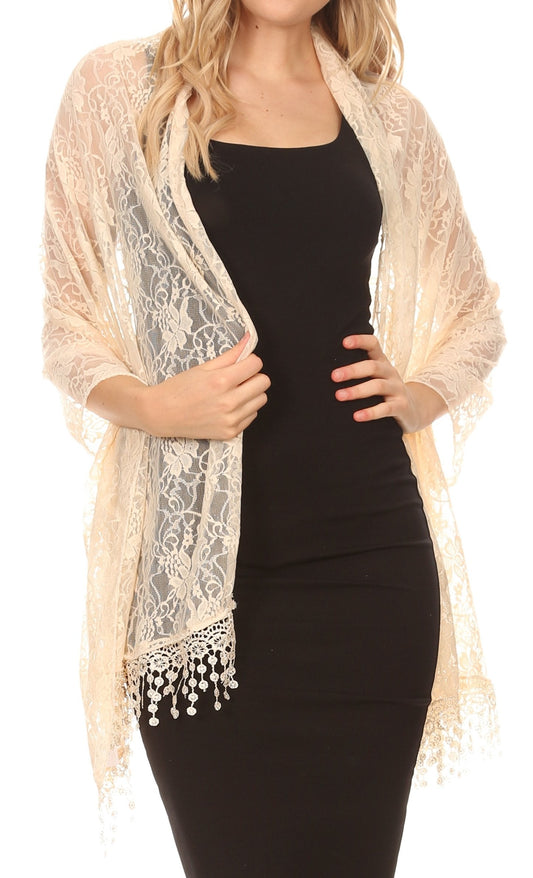 Sakkas Mari Women's Large Lightweight Soft Lace Scarf Wrap Shawl Floral and Fringe - Concordia Style Boutique