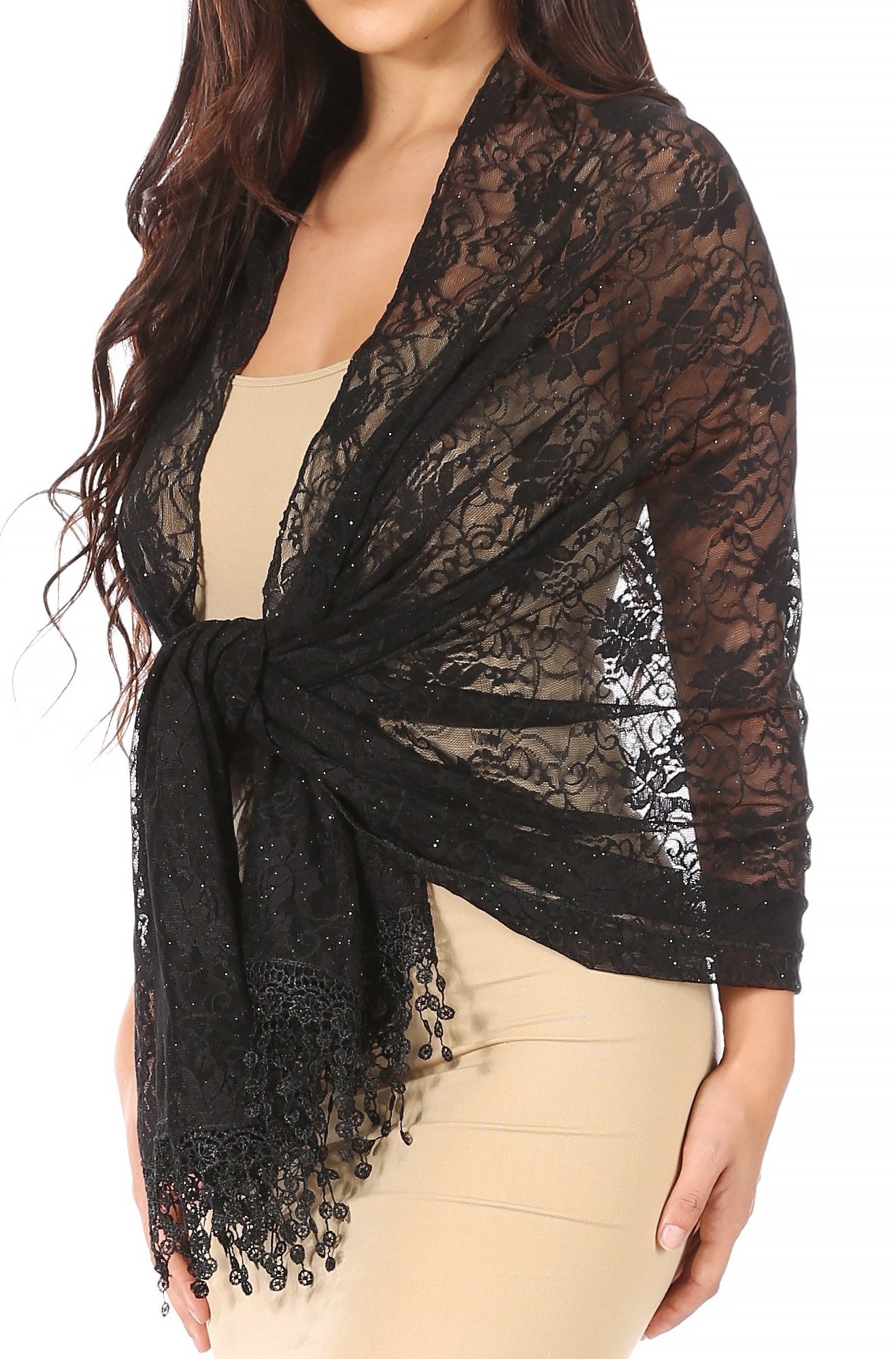 Sakkas Mari Women's Large Lightweight Soft Lace Scarf Wrap Shawl Floral and Fringe - Concordia Style Boutique