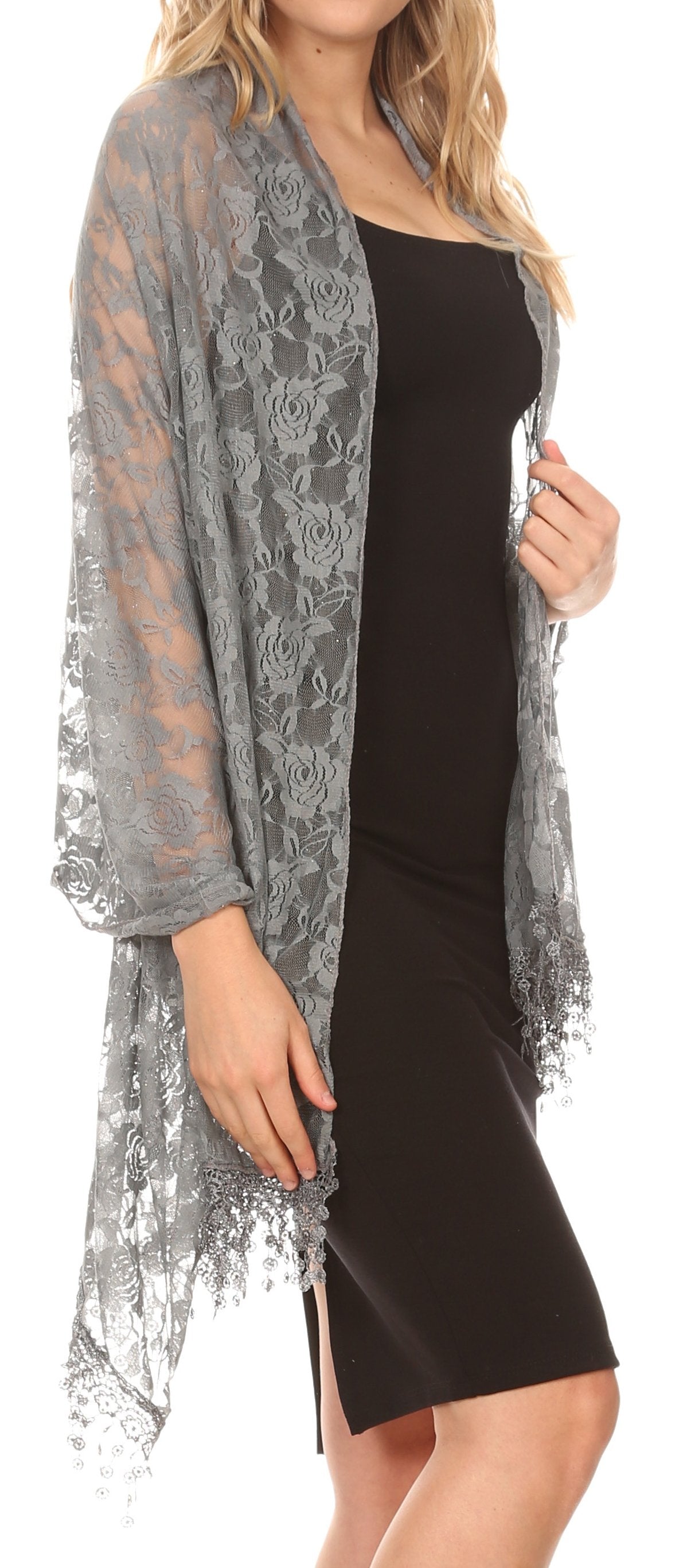 Sakkas Mari Women's Large Lightweight Soft Lace Scarf Wrap Shawl Floral and Fringe - Concordia Style Boutique
