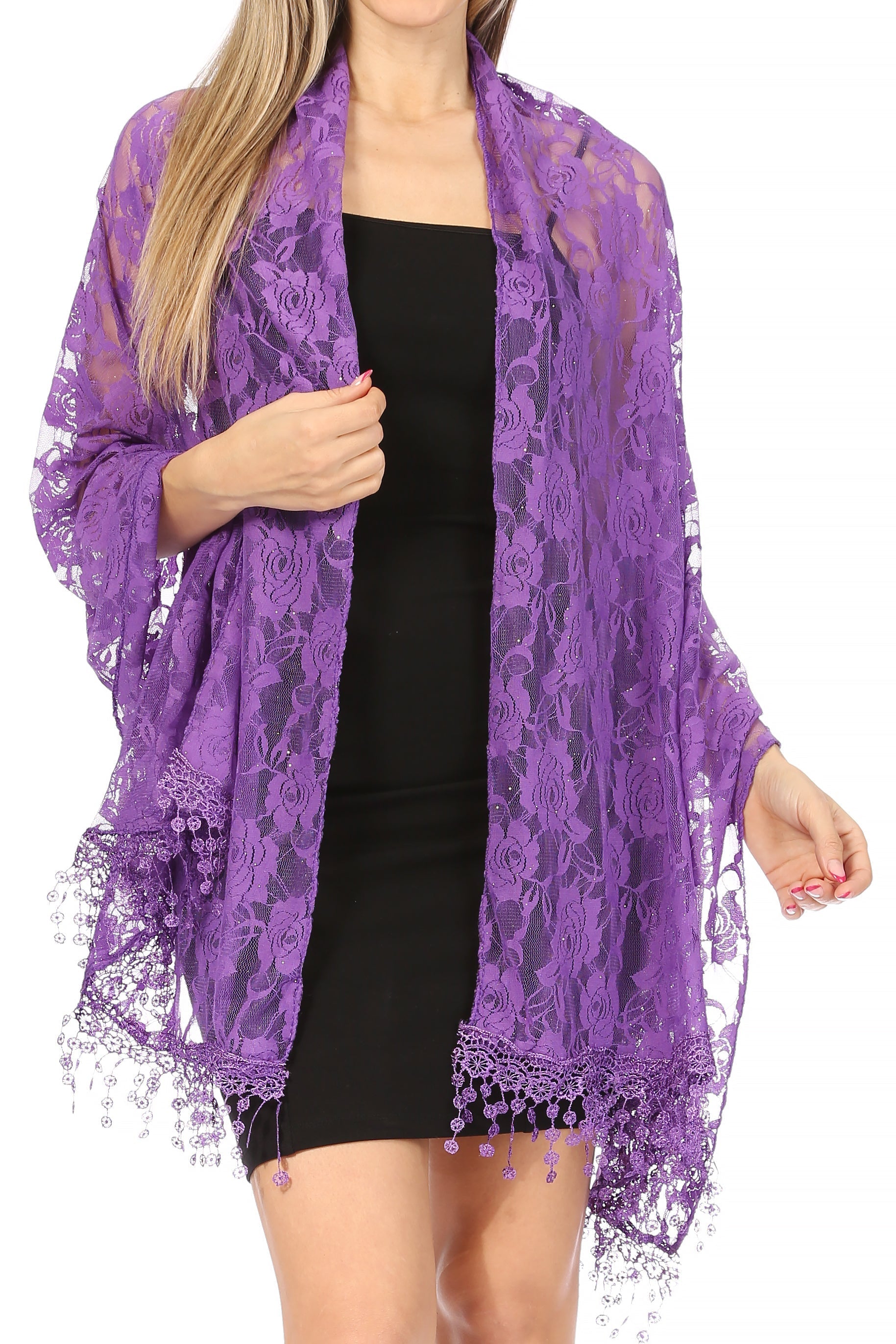 Sakkas Mari Women's Large Lightweight Soft Lace Scarf Wrap Shawl Floral and Fringe - Concordia Style Boutique