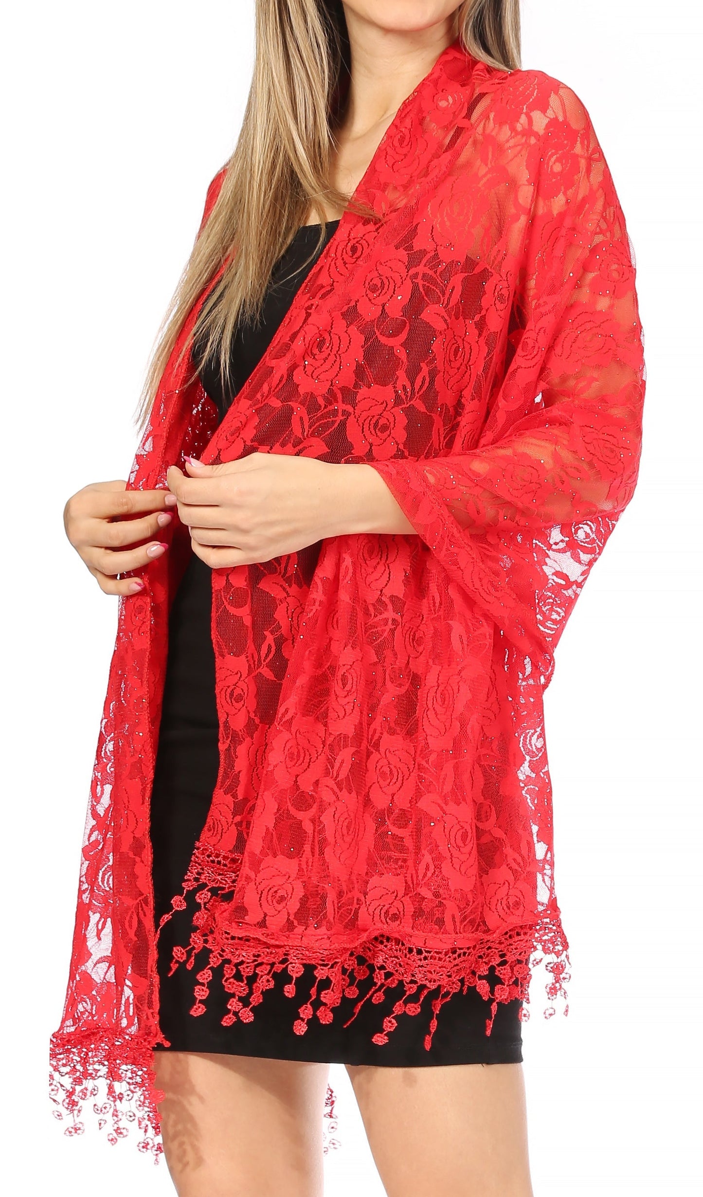 Sakkas Mari Women's Large Lightweight Soft Lace Scarf Wrap Shawl Floral and Fringe - Concordia Style Boutique