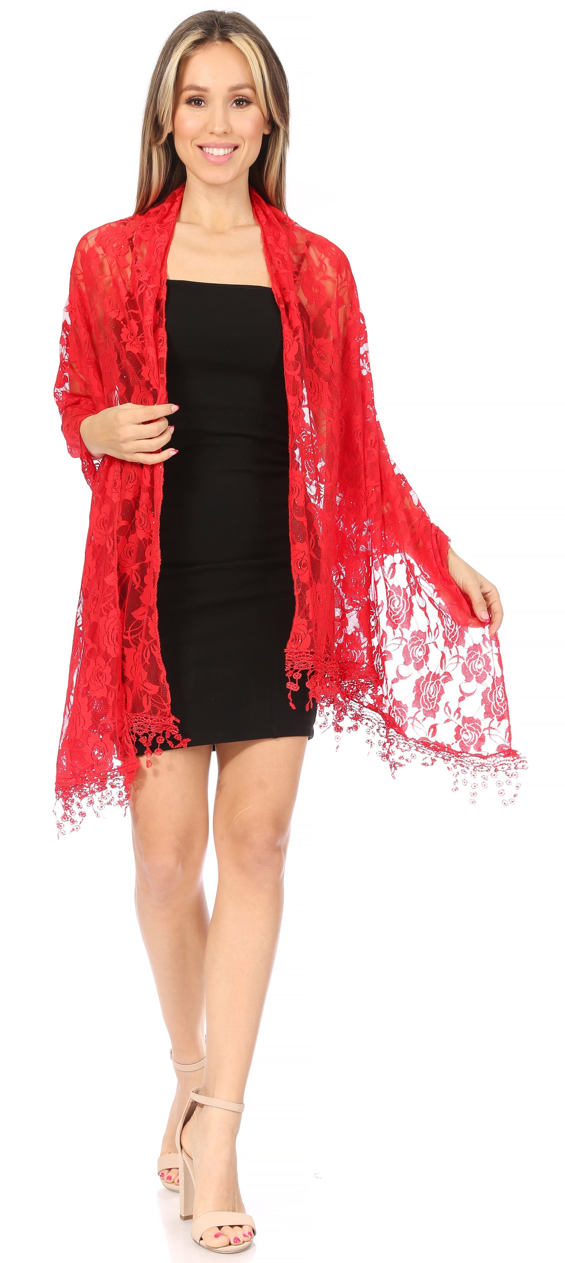Sakkas Mari Women's Large Lightweight Soft Lace Scarf Wrap Shawl Floral and Fringe - Concordia Style Boutique