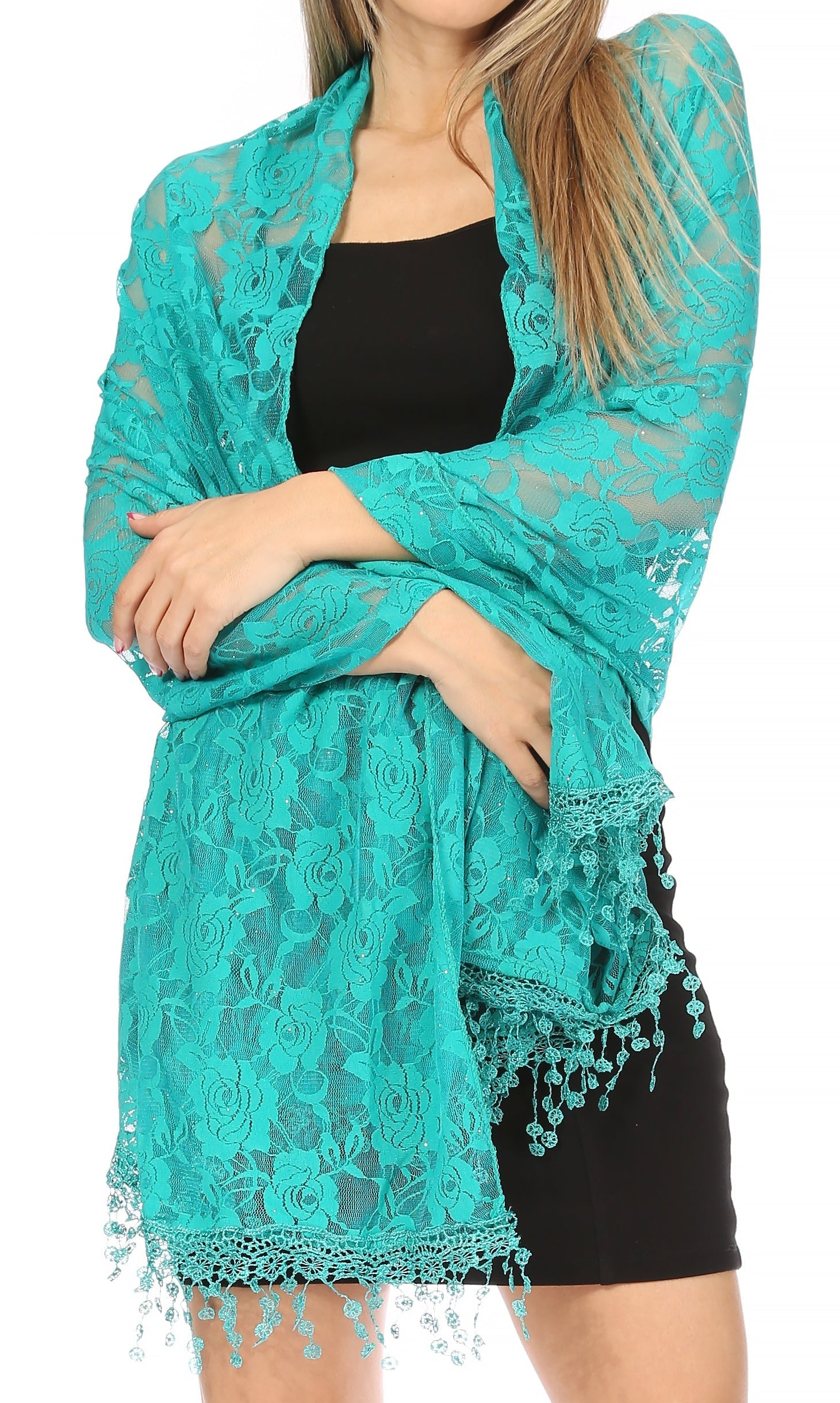 Sakkas Mari Women's Large Lightweight Soft Lace Scarf Wrap Shawl Floral and Fringe - Concordia Style Boutique