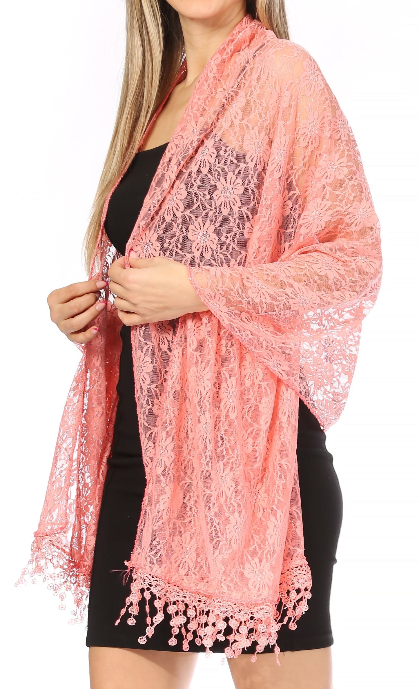 Sakkas Mari Women's Large Lightweight Soft Lace Scarf Wrap Shawl Floral and Fringe - Concordia Style Boutique