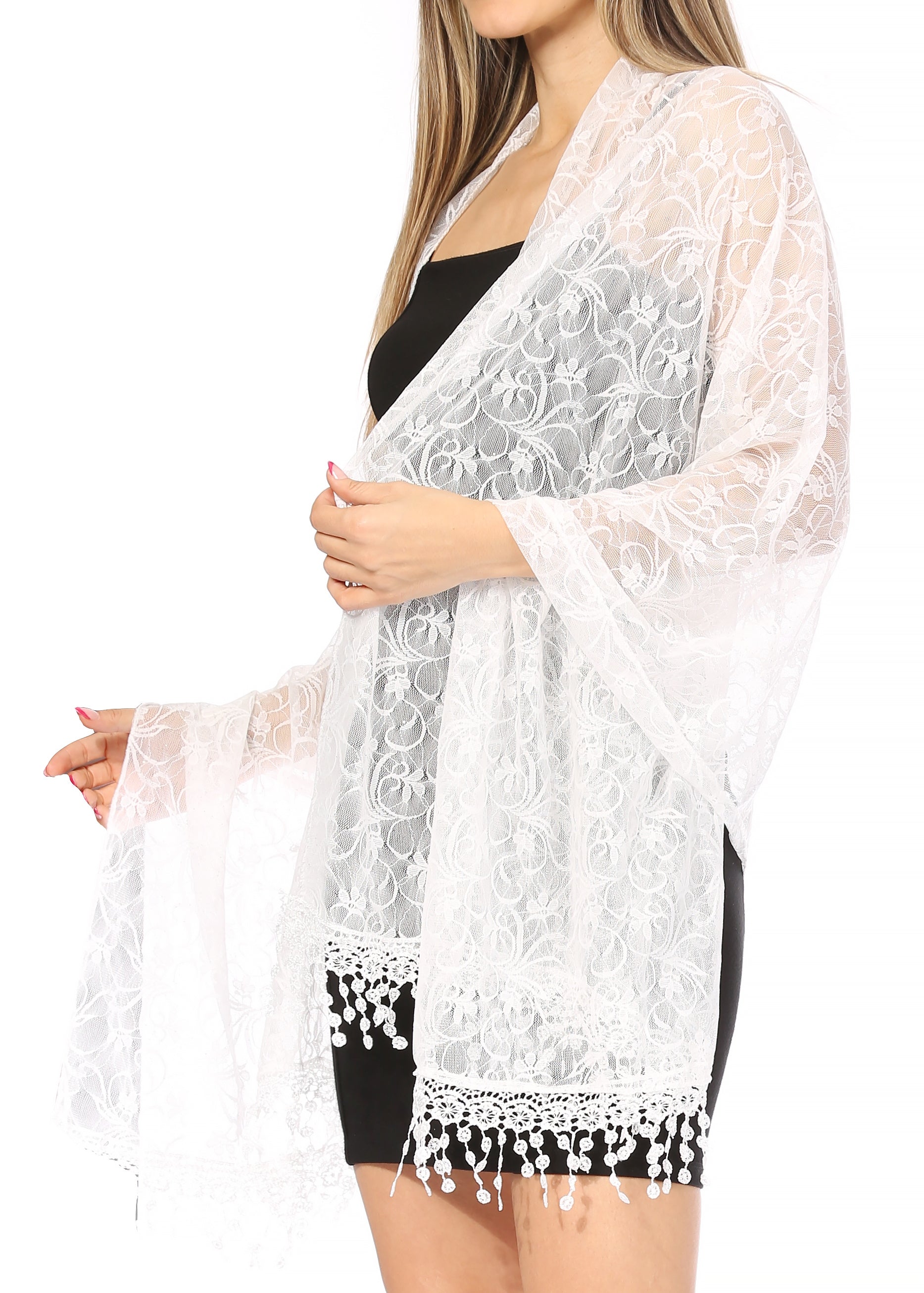 Sakkas Mari Women's Large Lightweight Soft Lace Scarf Wrap Shawl Floral and Fringe - Concordia Style Boutique