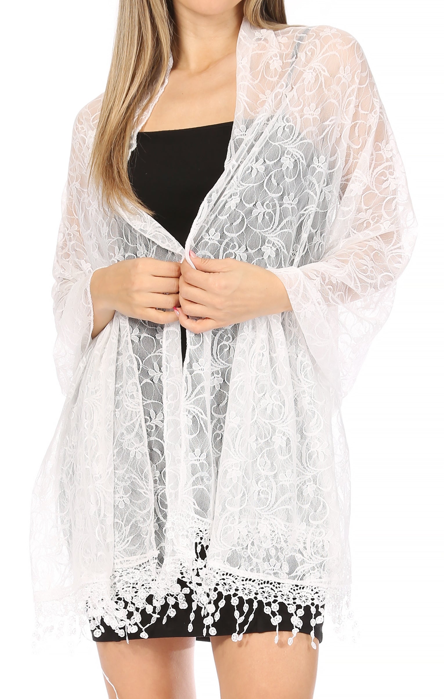 Sakkas Mari Women's Large Lightweight Soft Lace Scarf Wrap Shawl Floral and Fringe - Concordia Style Boutique