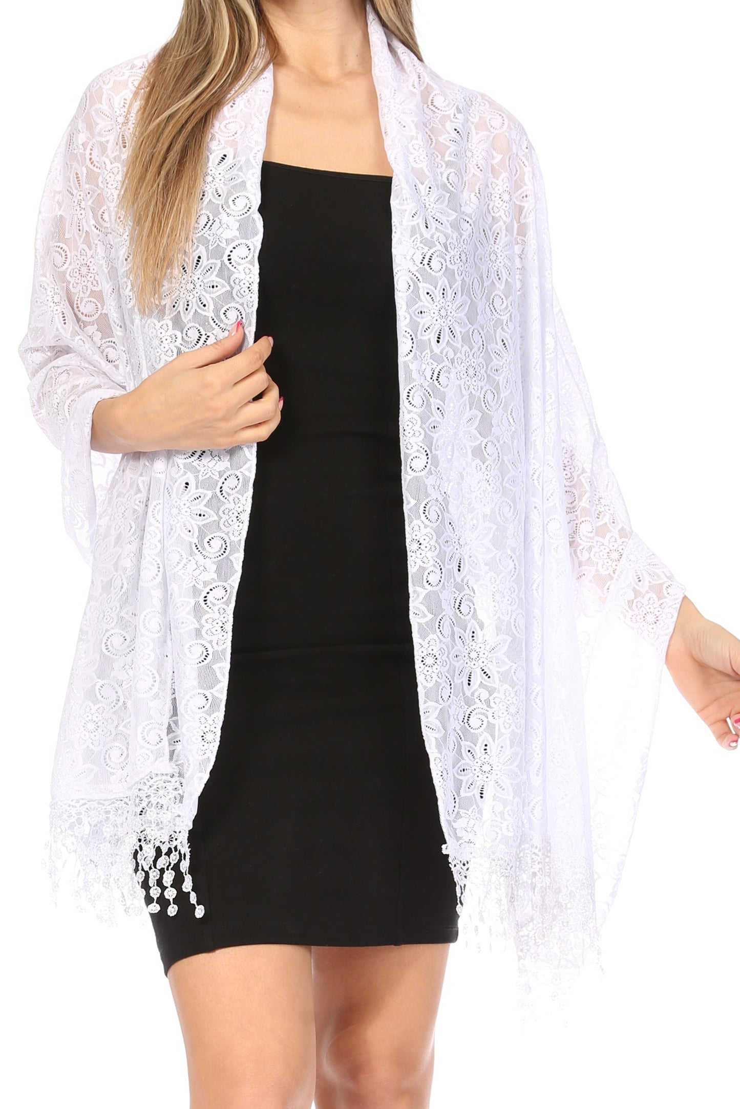 Sakkas Mari Women's Large Lightweight Soft Lace Scarf Wrap Shawl Floral and Fringe - Concordia Style Boutique
