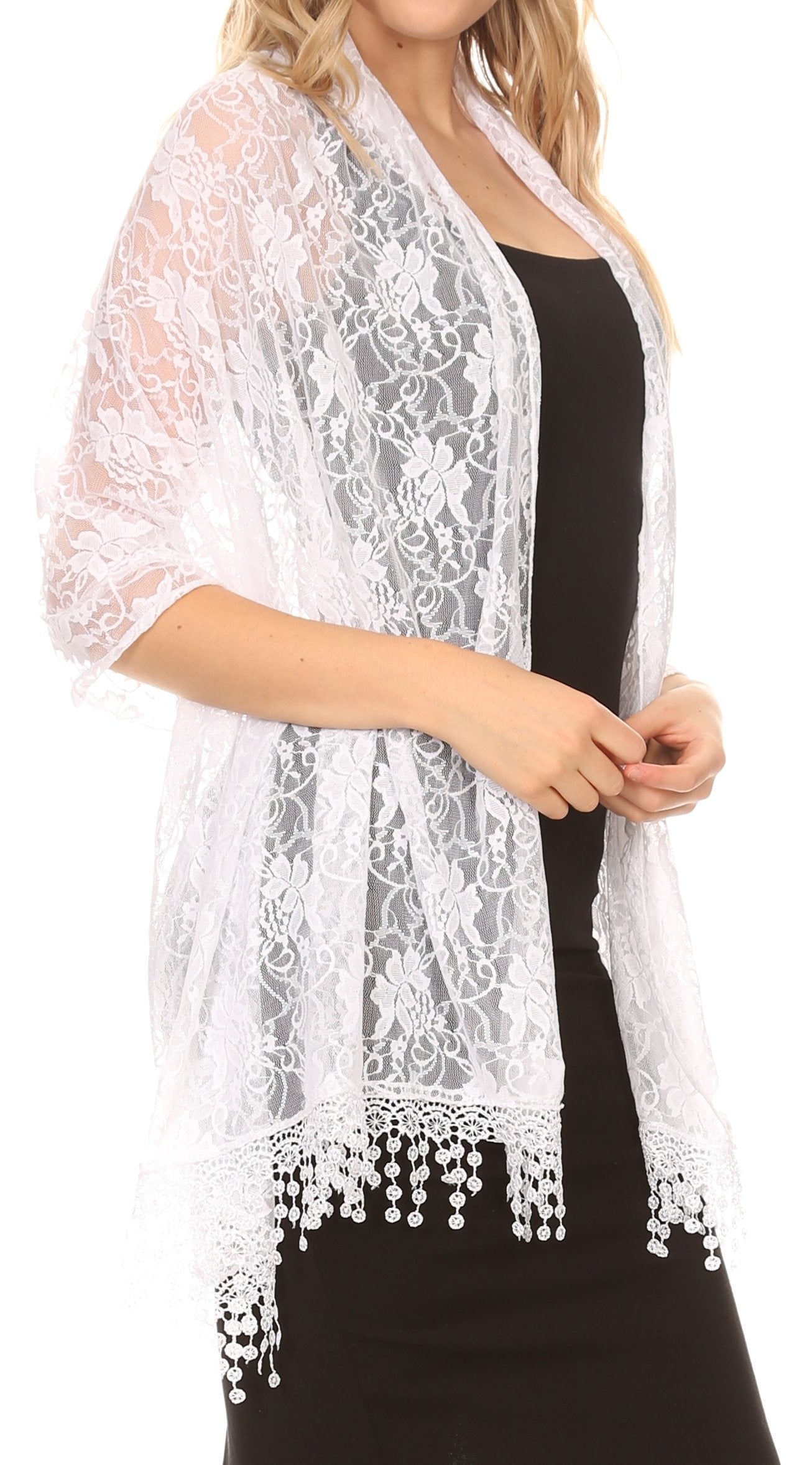 Sakkas Mari Women's Large Lightweight Soft Lace Scarf Wrap Shawl Floral and Fringe - Concordia Style Boutique