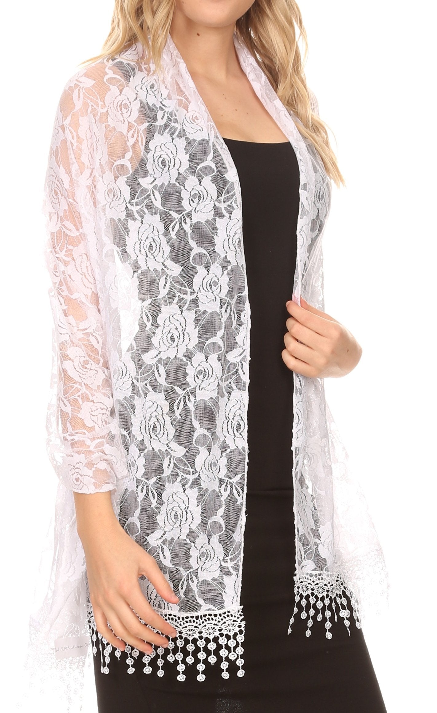 Sakkas Mari Women's Large Lightweight Soft Lace Scarf Wrap Shawl Floral and Fringe - Concordia Style Boutique