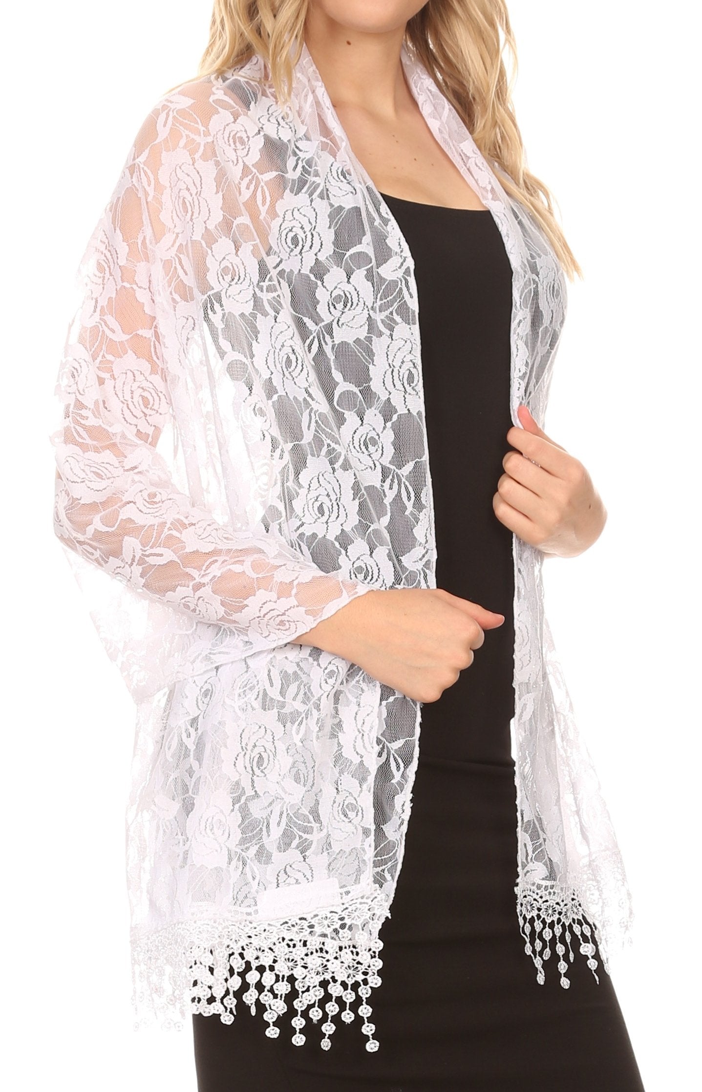 Sakkas Mari Women's Large Lightweight Soft Lace Scarf Wrap Shawl Floral and Fringe - Concordia Style Boutique