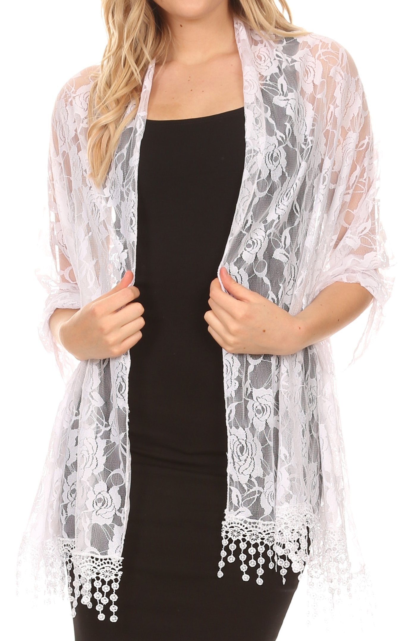 Sakkas Mari Women's Large Lightweight Soft Lace Scarf Wrap Shawl Floral and Fringe - Concordia Style Boutique