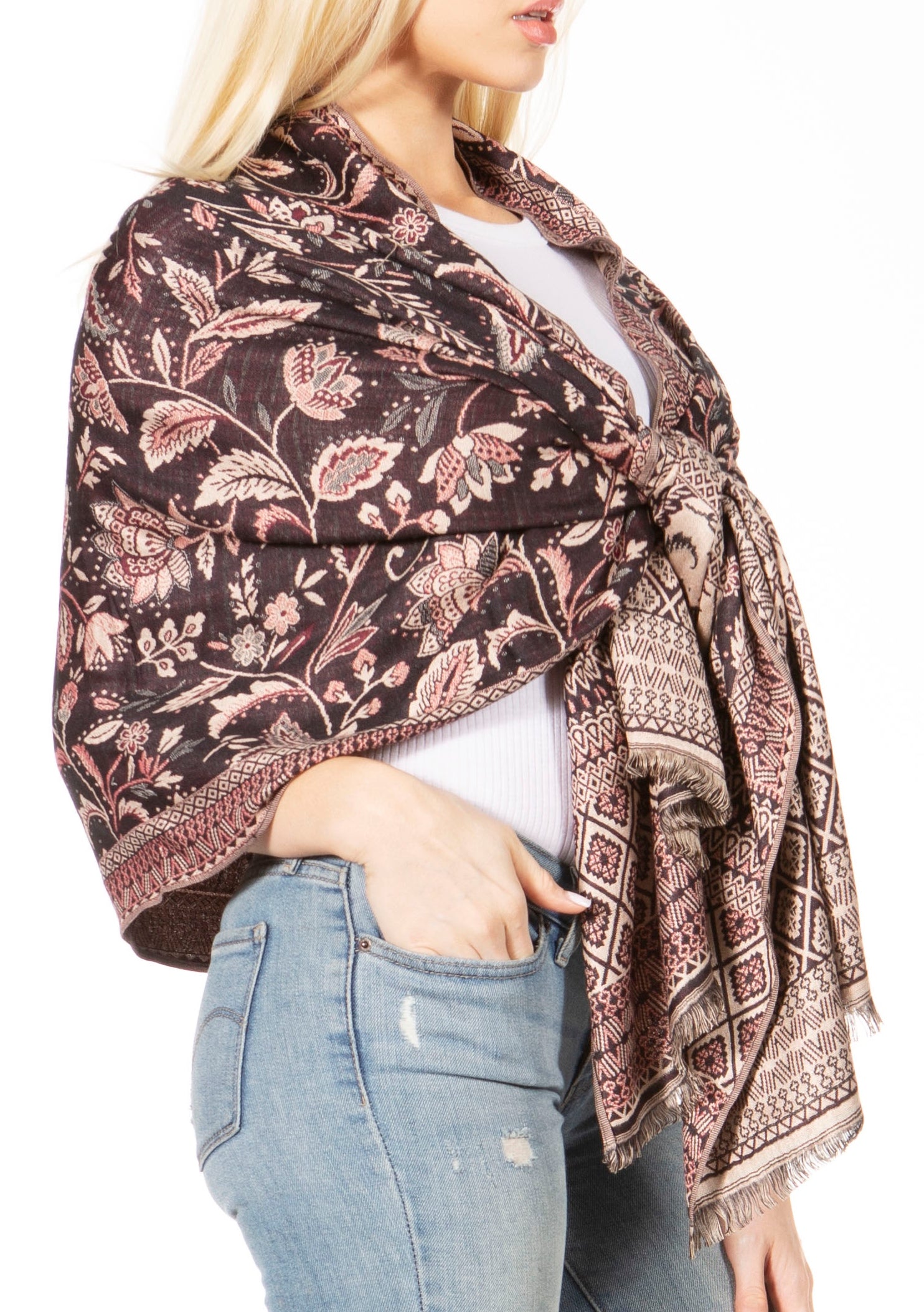 Sakkas Gianna Women's Silky Soft Reversible Floral Woven Pashmina Scarf Shawl Wrap - Concordia Style Boutique