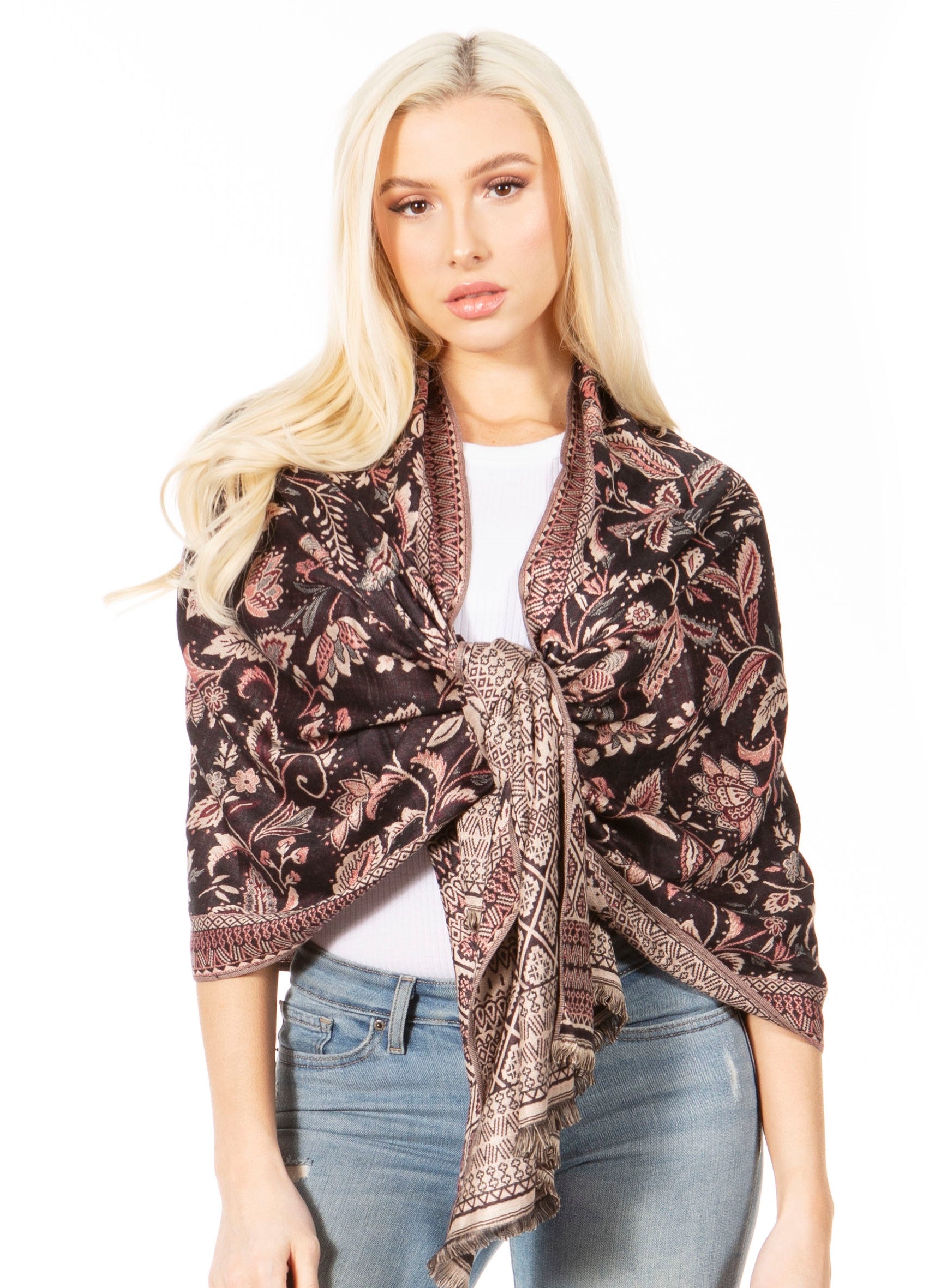 Sakkas Gianna Women's Silky Soft Reversible Floral Woven Pashmina Scarf Shawl Wrap - Concordia Style Boutique