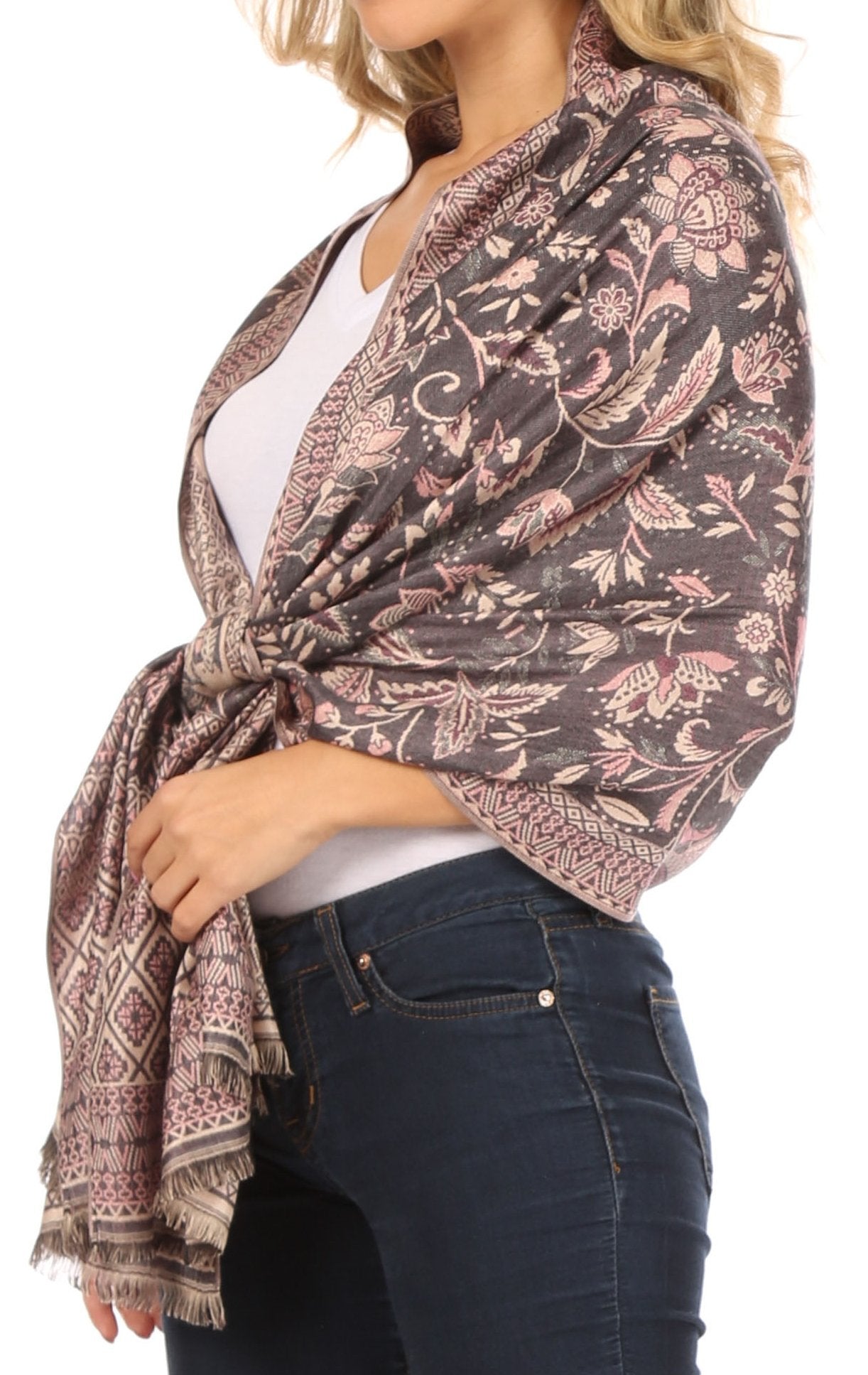 Sakkas Gianna Women's Silky Soft Reversible Floral Woven Pashmina Scarf Shawl Wrap - Concordia Style Boutique